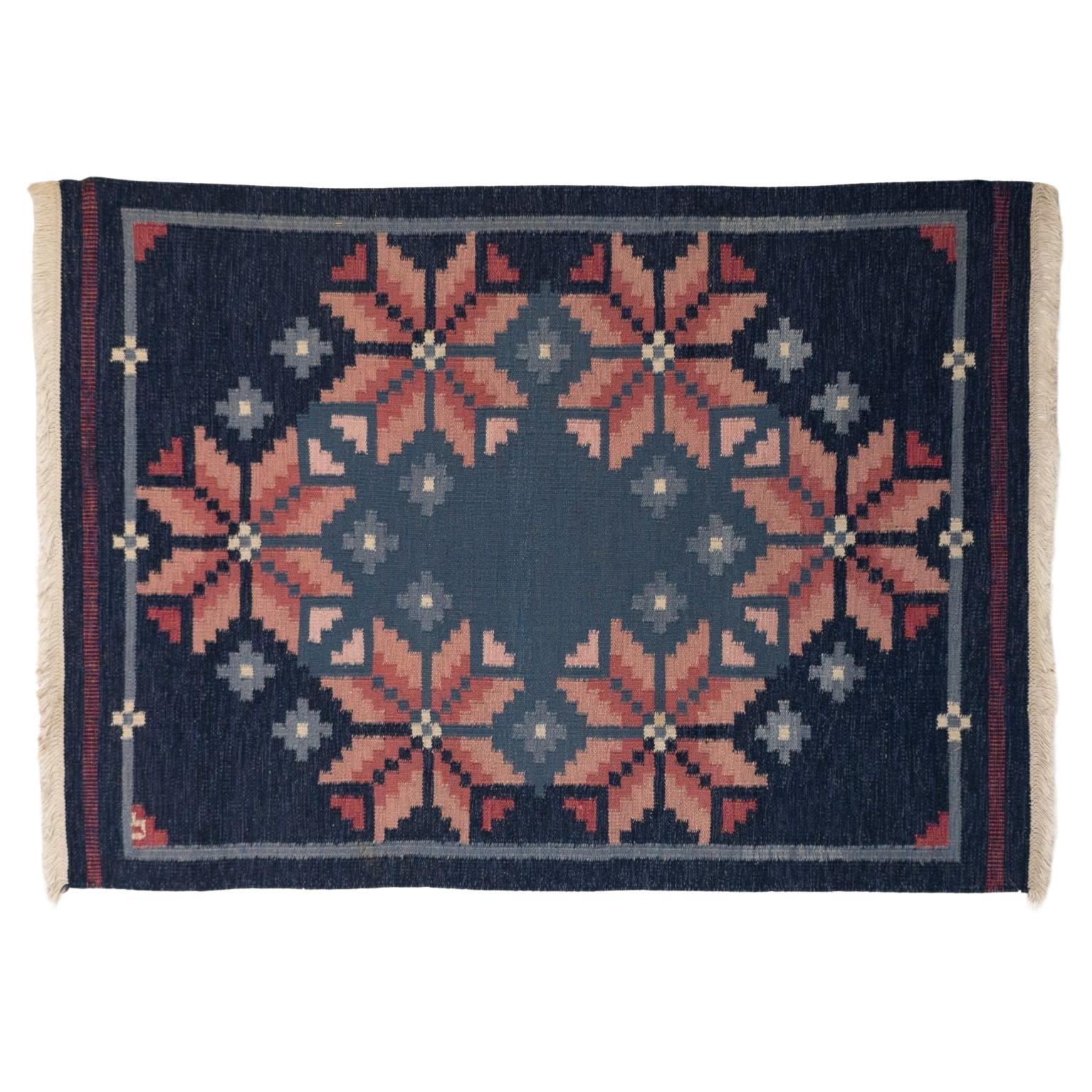Mid-Century Swedish Kilim in Navy and Pink For Sale