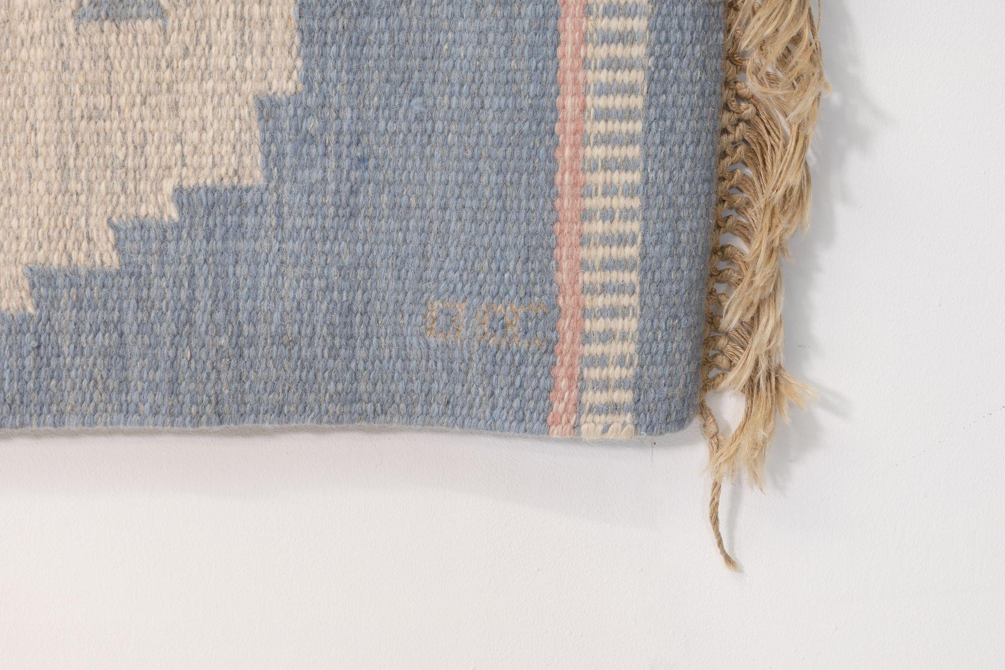Hand-Woven Mid-Century Swedish Kilim in Pale Blue Tones For Sale
