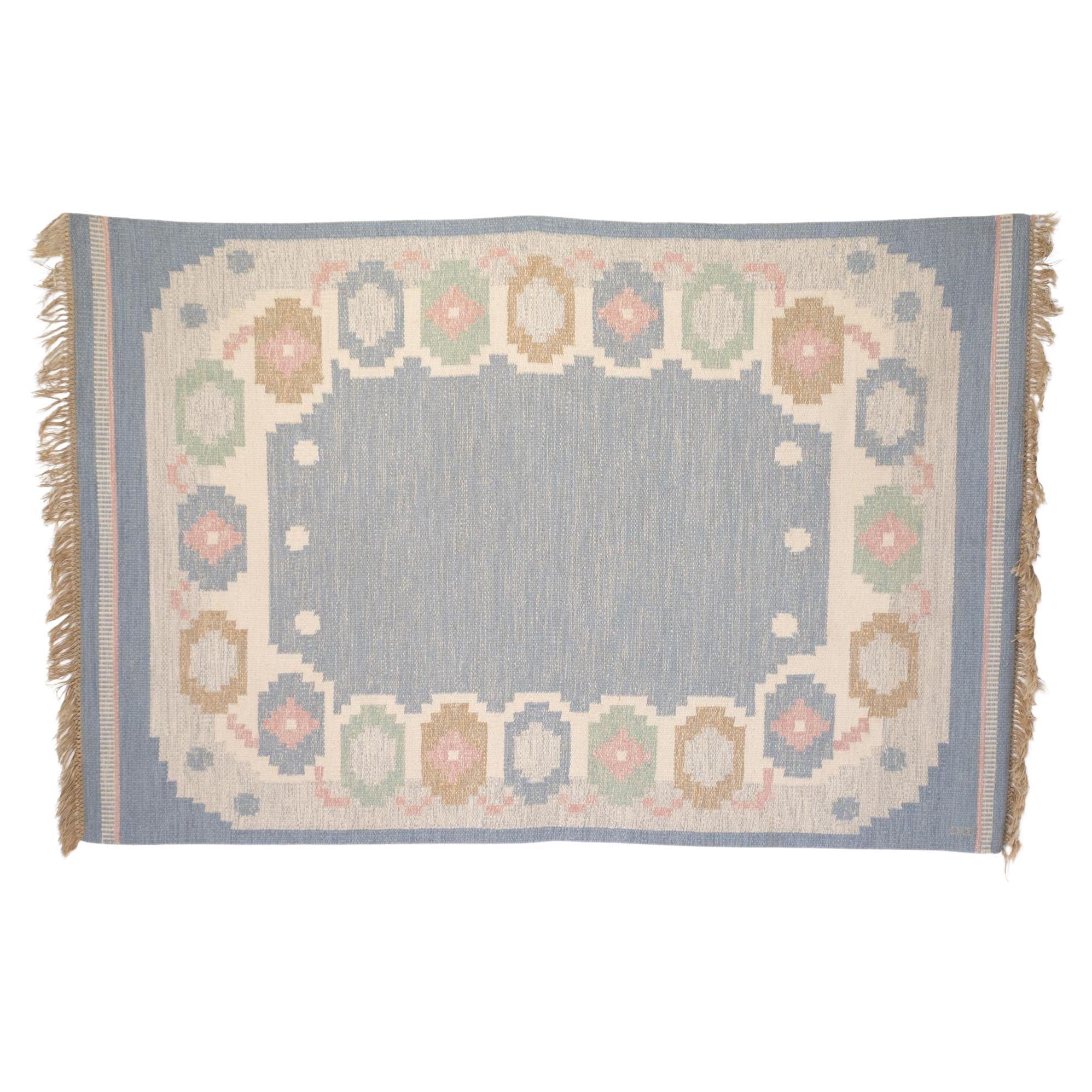 Mid-Century Swedish Kilim in Pale Blue Tones