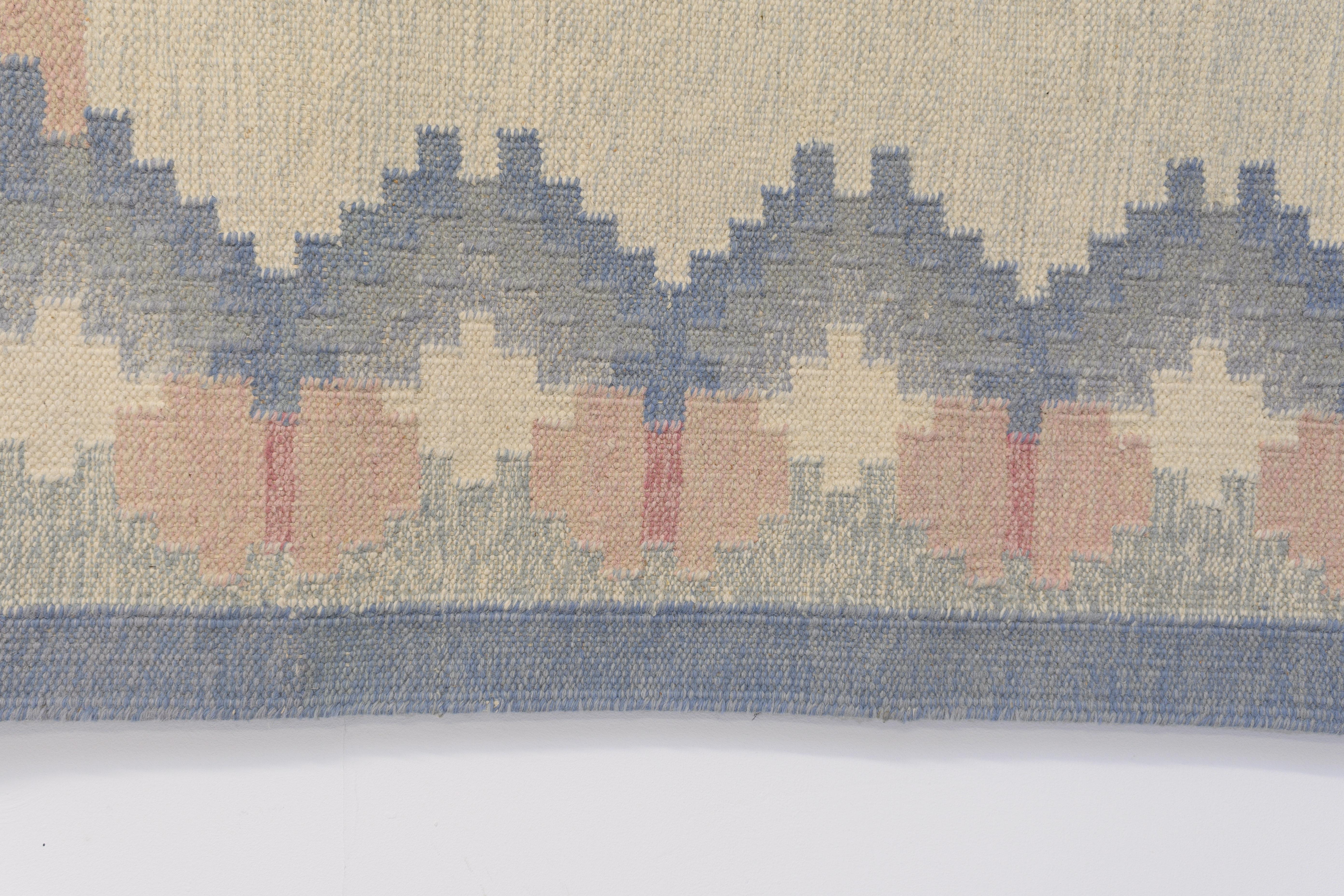 20th Century Mid-Century Swedish Kilim in tones of Blue and Cream Signed E For Sale