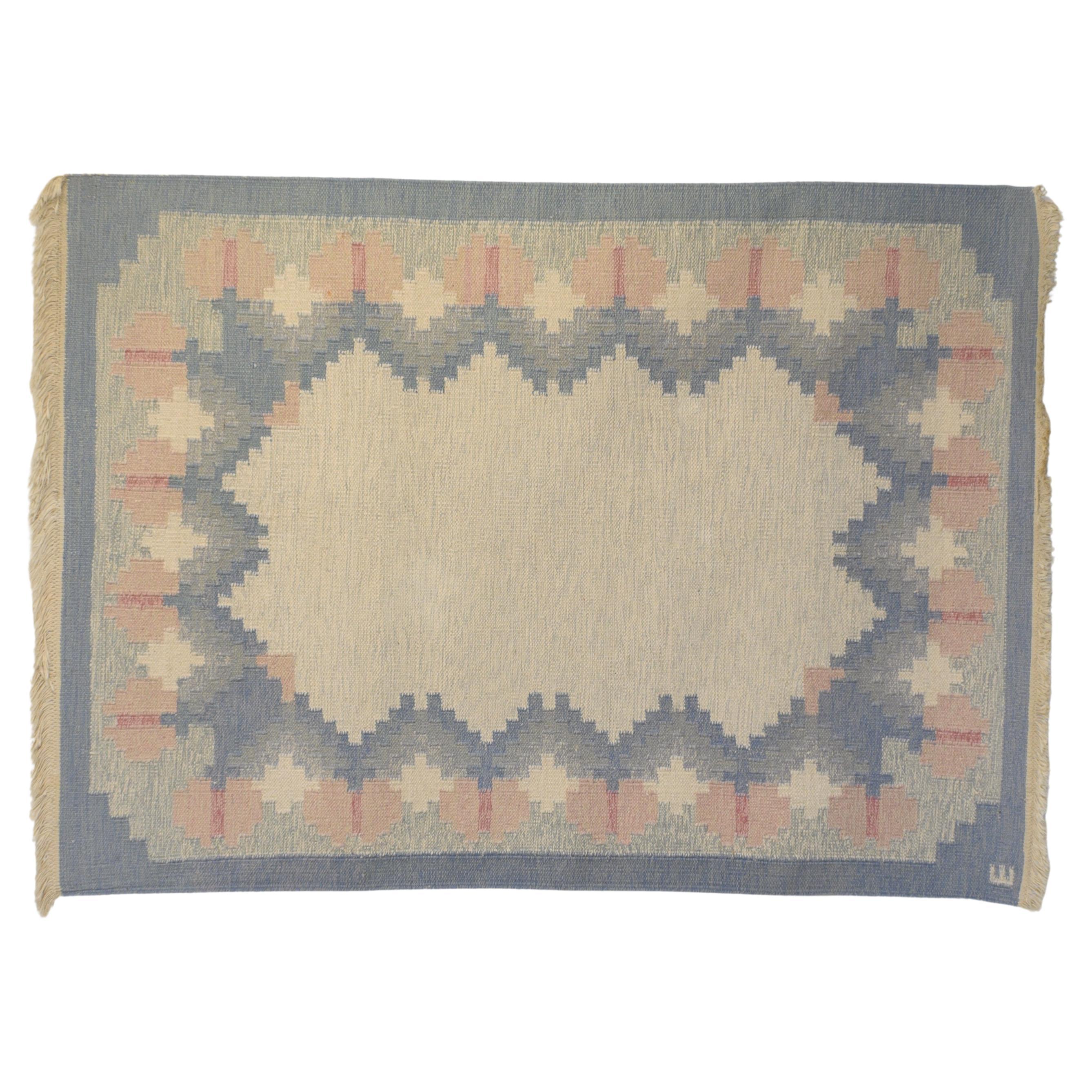 Mid-Century Swedish Kilim in tones of Blue and Cream Signed E