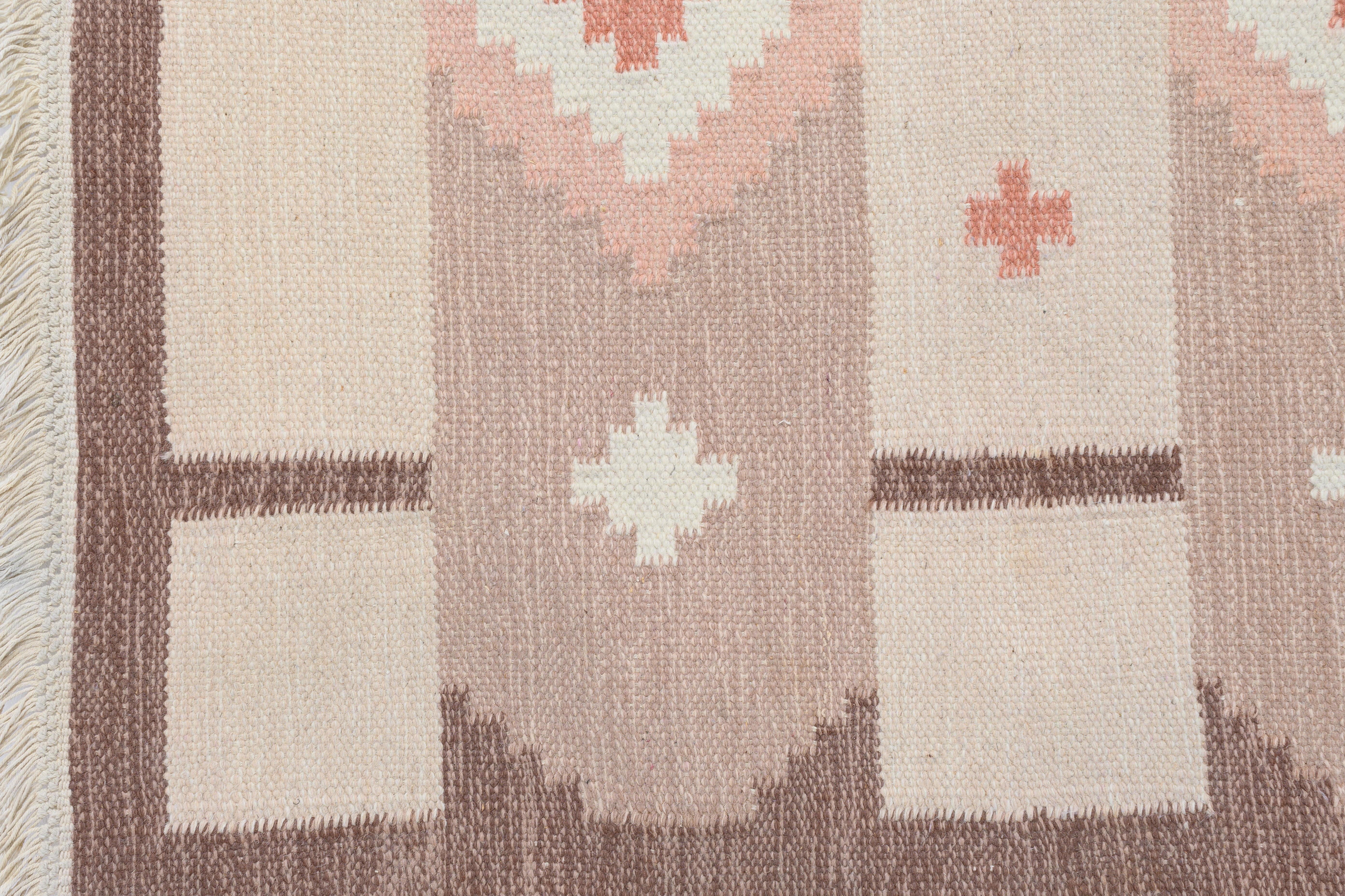 Mid-20th Century Mid-Century Swedish Kilim in Tones of Brown and Pink For Sale