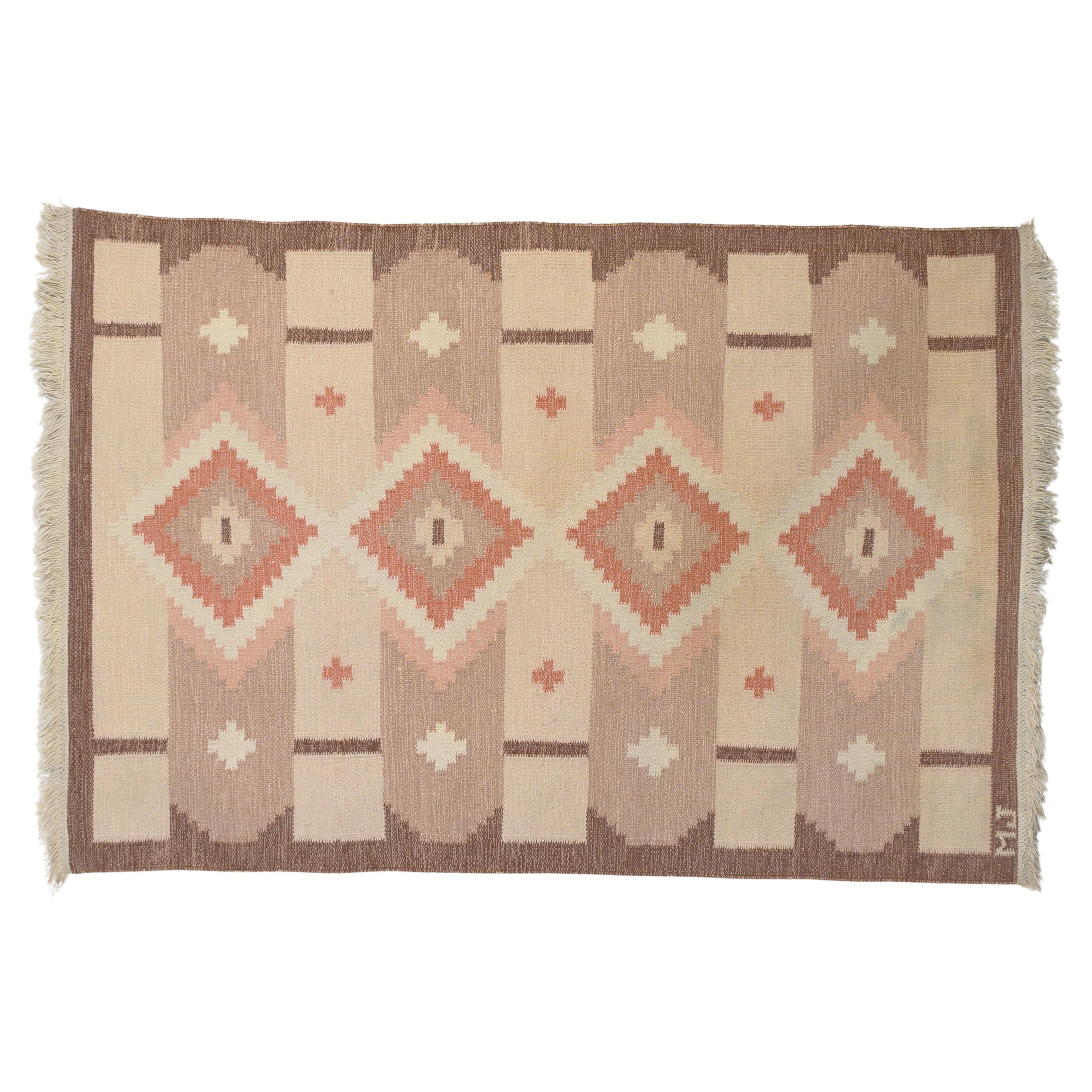 Mid-Century Swedish Kilim in Tones of Brown and Pink For Sale