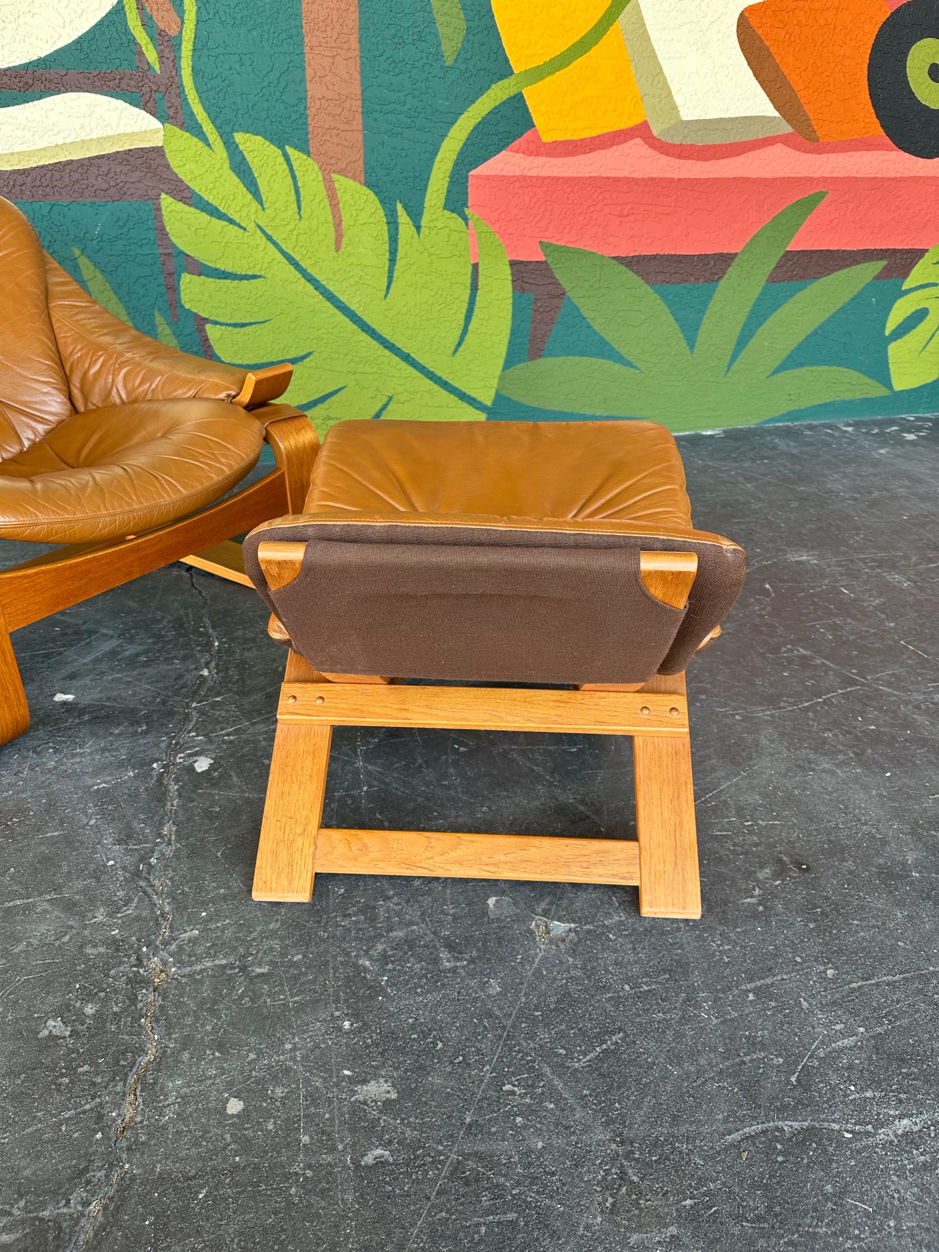 Mid Century Swedish Kroken Teak and Caramel Leather Lounge and Ottoman Set 4