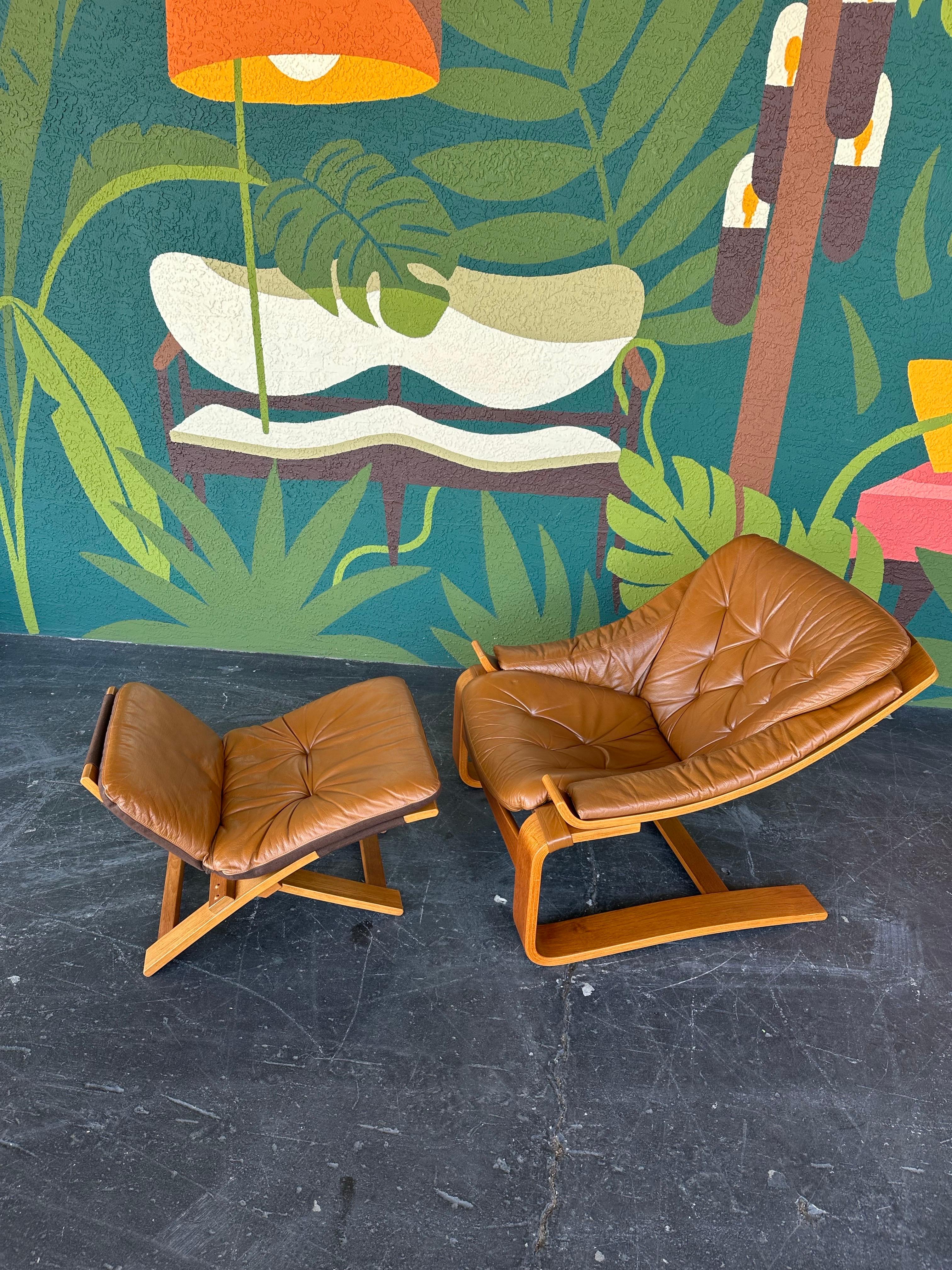 Mid-Century Modern Mid Century Swedish Kroken Teak and Caramel Leather Lounge and Ottoman Set