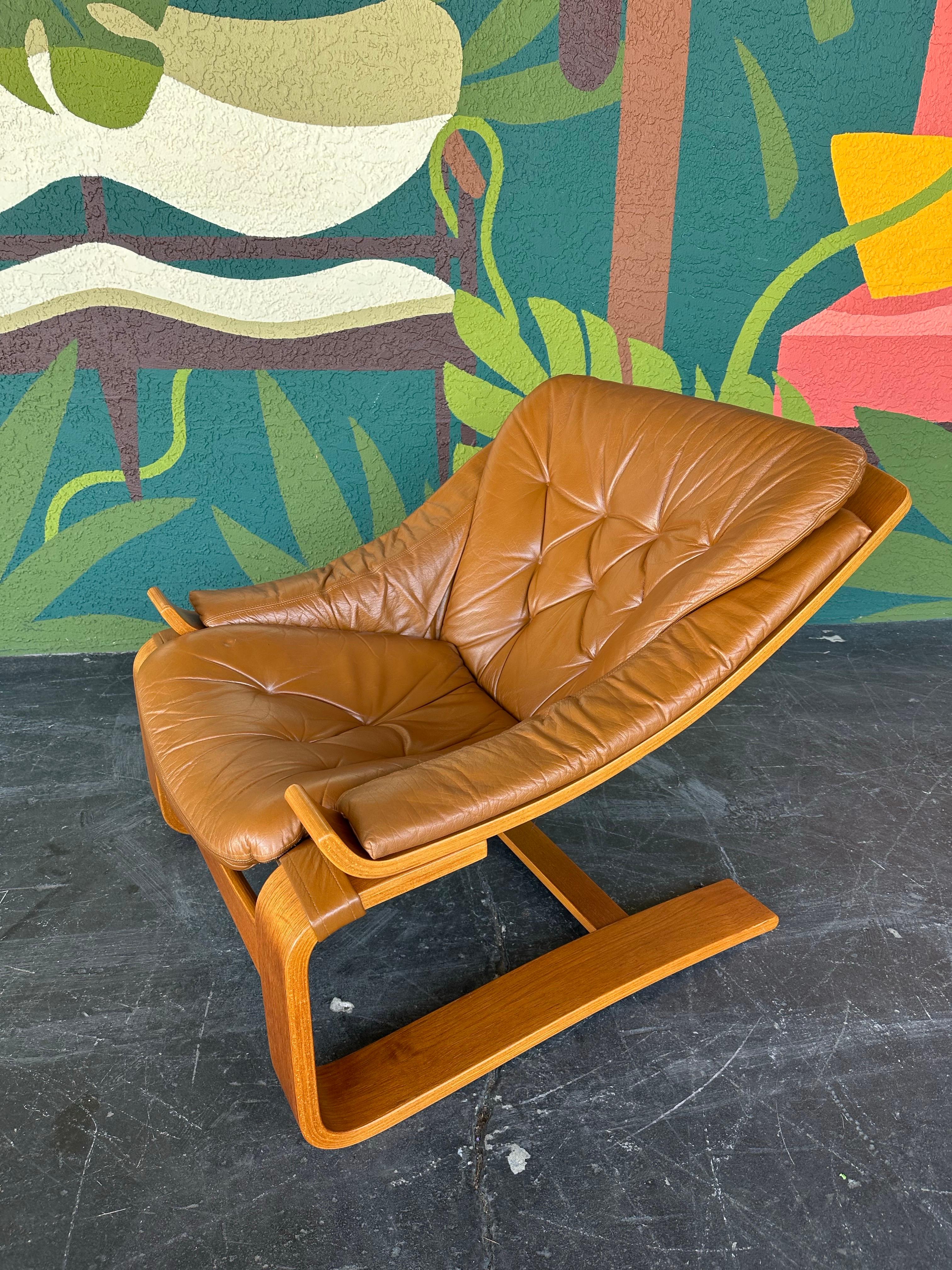 Oiled Mid Century Swedish Kroken Teak and Caramel Leather Lounge and Ottoman Set