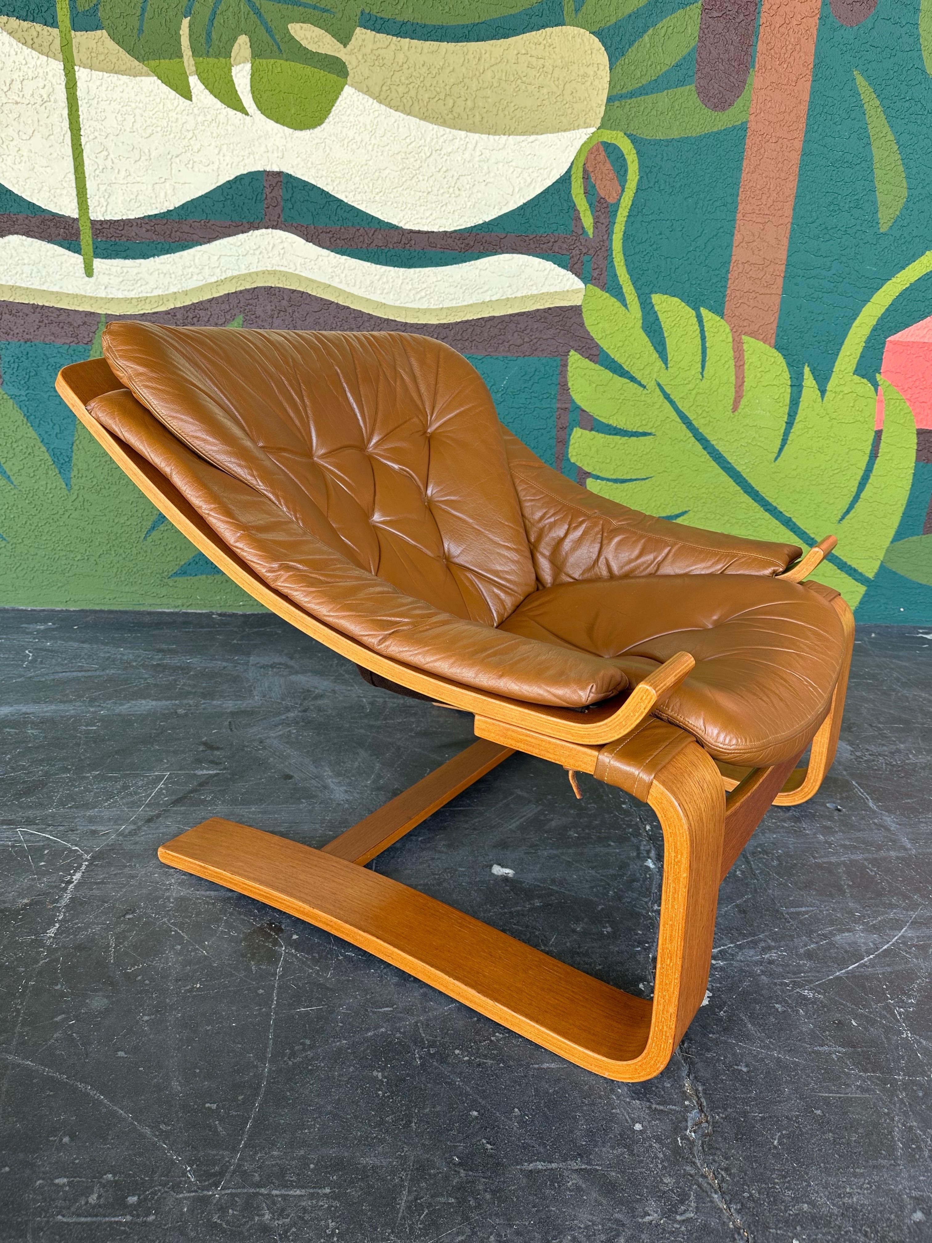 20th Century Mid Century Swedish Kroken Teak and Caramel Leather Lounge and Ottoman Set