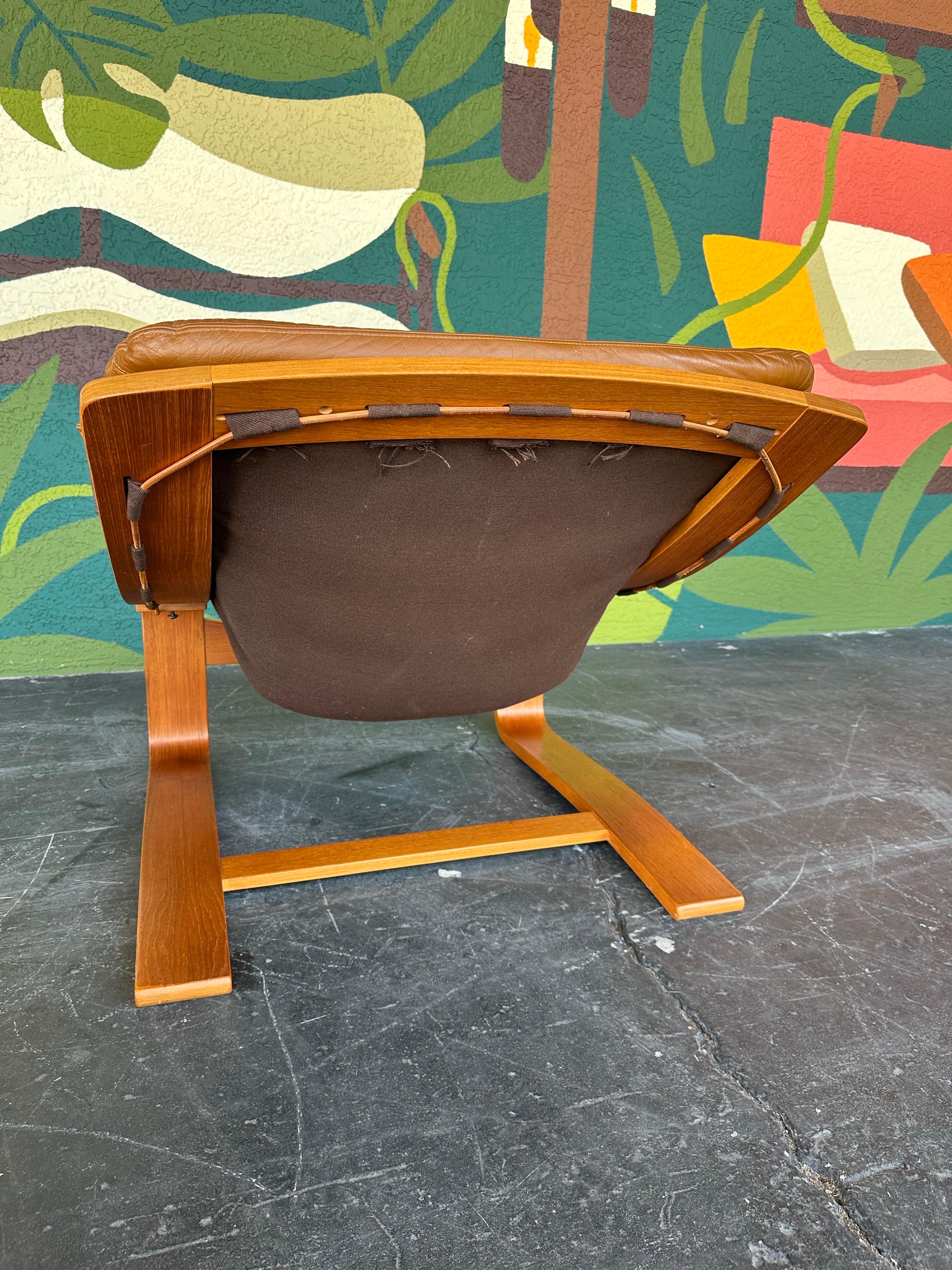 Mid Century Swedish Kroken Teak and Caramel Leather Lounge and Ottoman Set 1