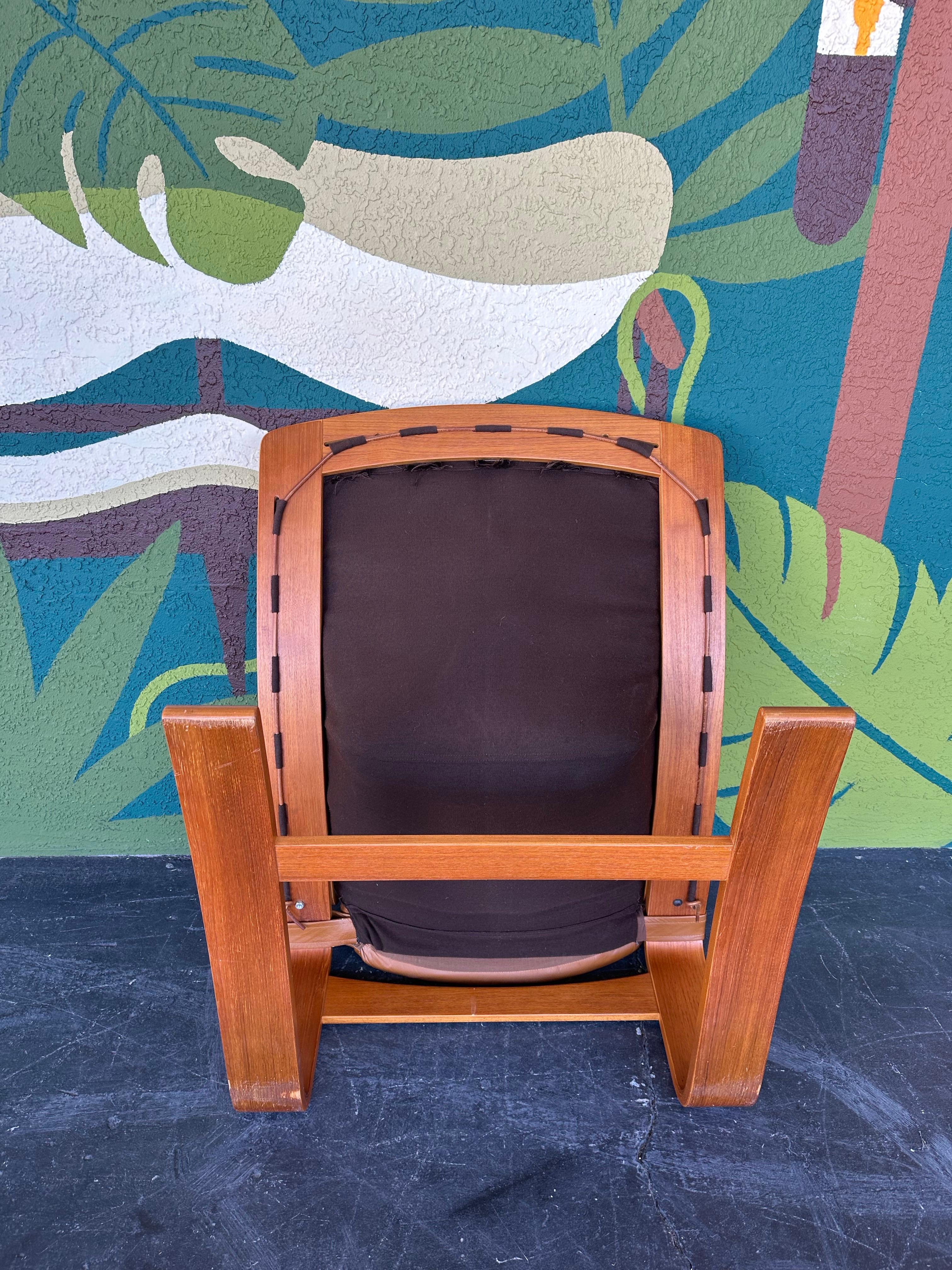 Mid Century Swedish Kroken Teak and Caramel Leather Lounge and Ottoman Set 2