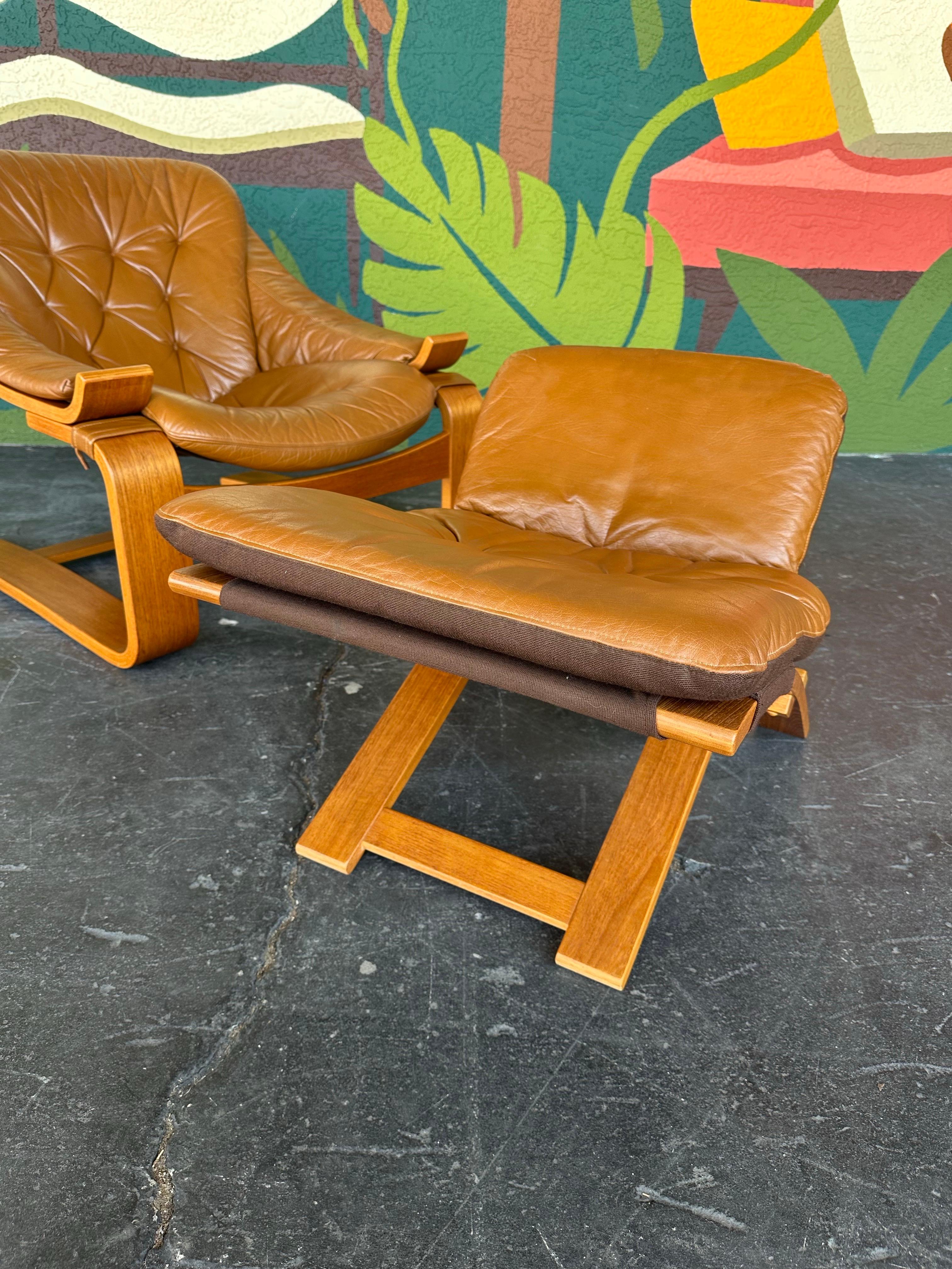 Mid Century Swedish Kroken Teak and Caramel Leather Lounge and Ottoman Set 3