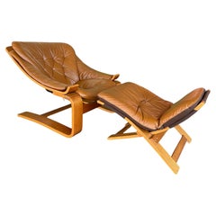 Mid Century Swedish Kroken Teak and Caramel Leather Lounge and Ottoman Set