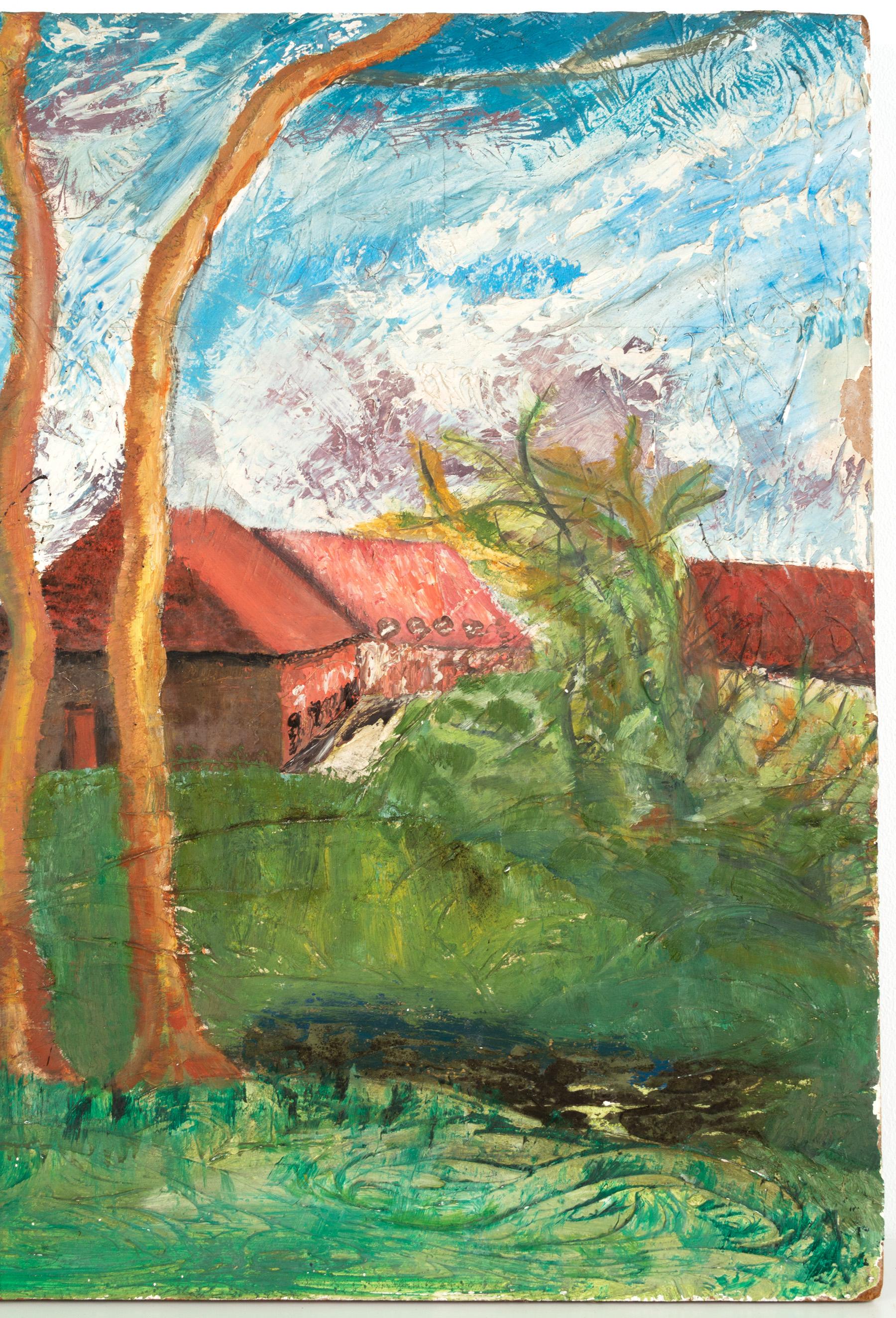 A Swedish mid-20th century Post-Impressionist oil on canvas depicting a countryside scene. Influenced by the works of Van Gogh . 

C.1950 Unsigned.

Oil on board, unframed.

Excellent color, tone and texture.

Provenance: Private London