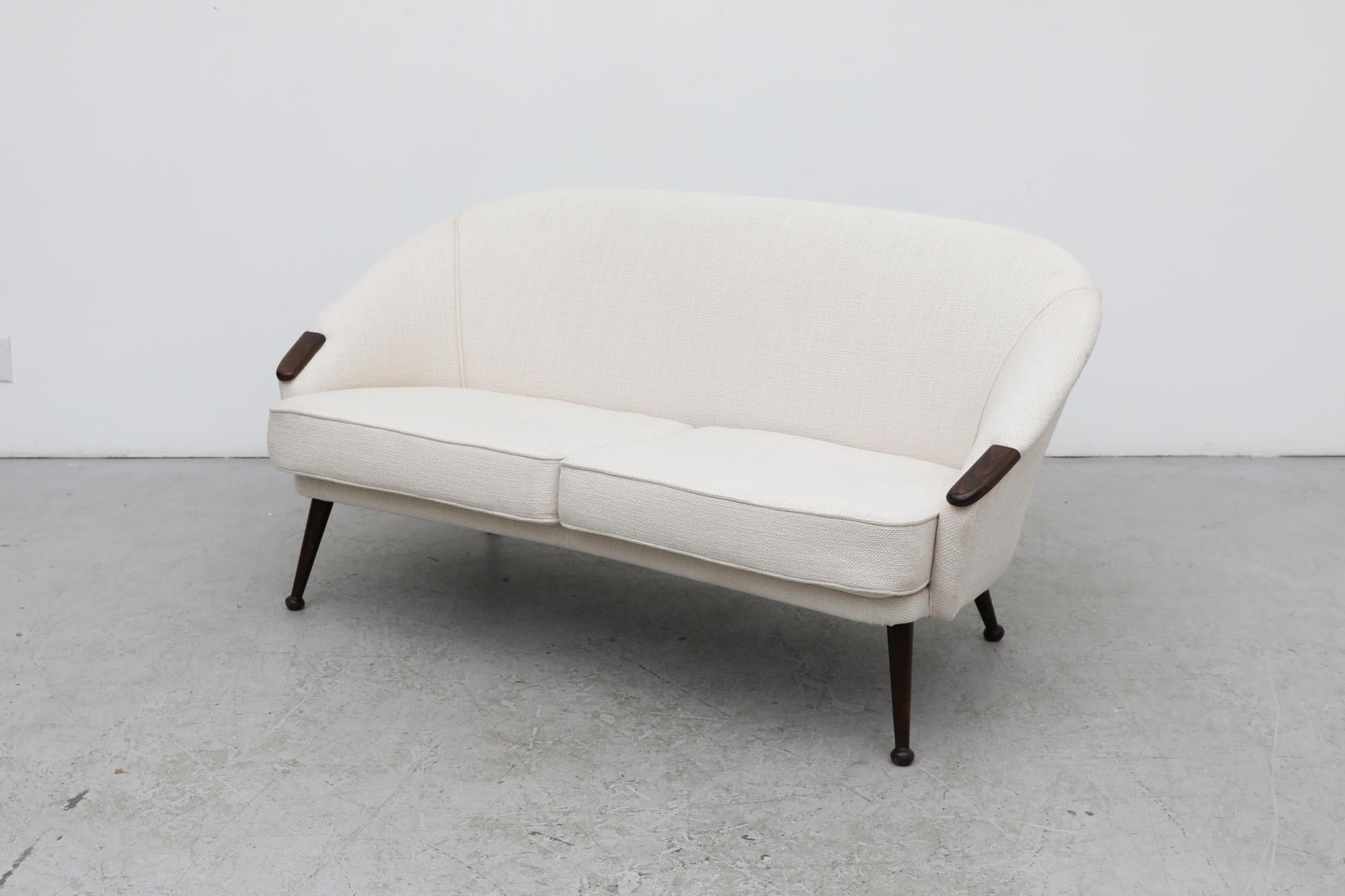 Dutch Mid-Century Swedish White Loveseat Sofa w/ Tapered Wood Legs & Small Curved Arms For Sale