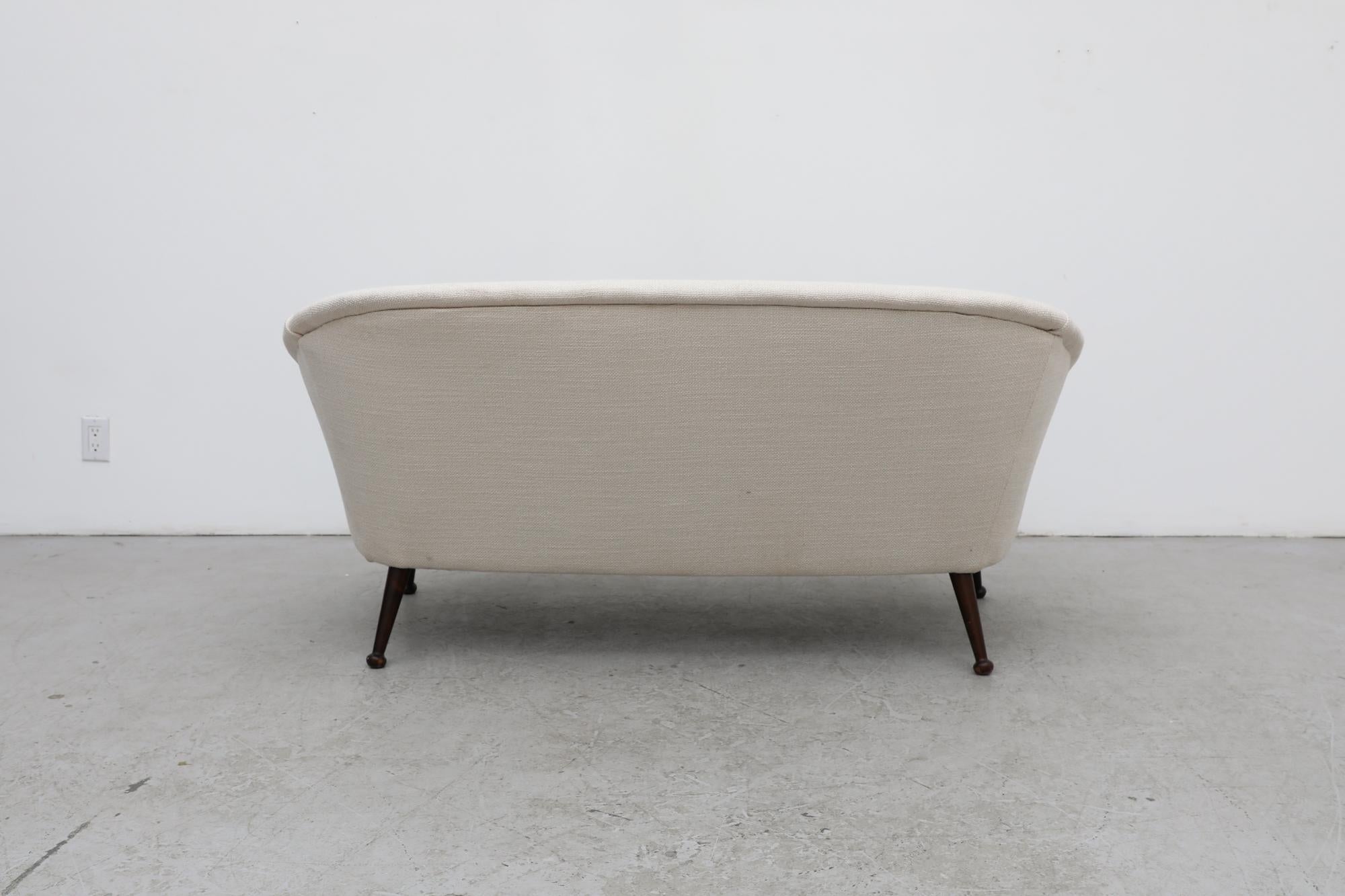 Upholstery Mid-Century Swedish White Loveseat Sofa w/ Tapered Wood Legs & Small Curved Arms For Sale