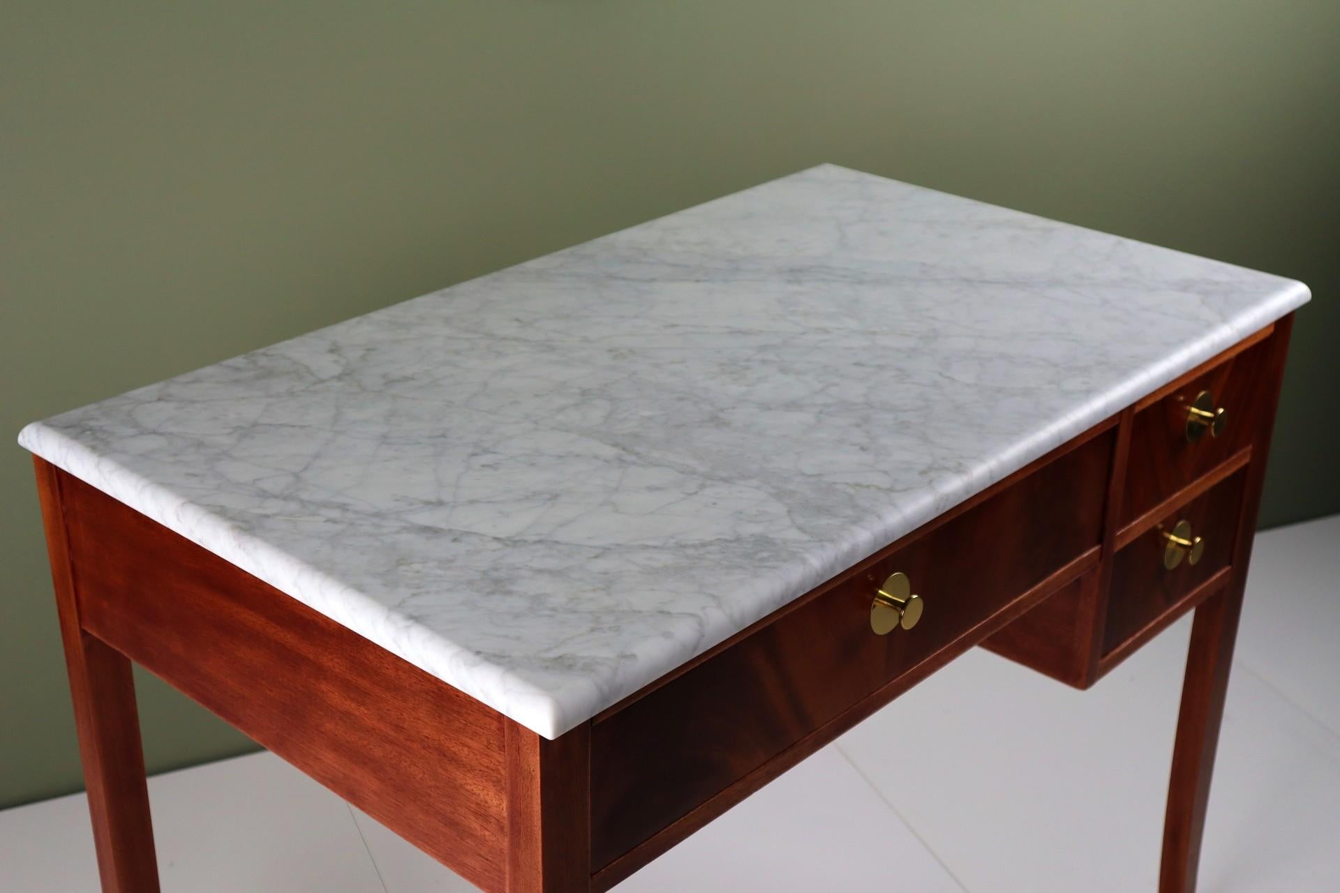 Brass Midcentury Swedish Marble and Mahogany Desk For Sale