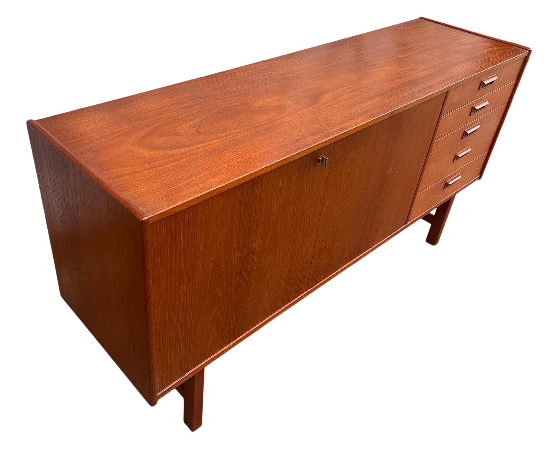 Mid Century Swedish Modern 5 Drawer Teak Credenza with Locking Cabinet Doors 5