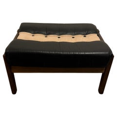 Mid century Swedish modern black leather canvas footstool stool bench