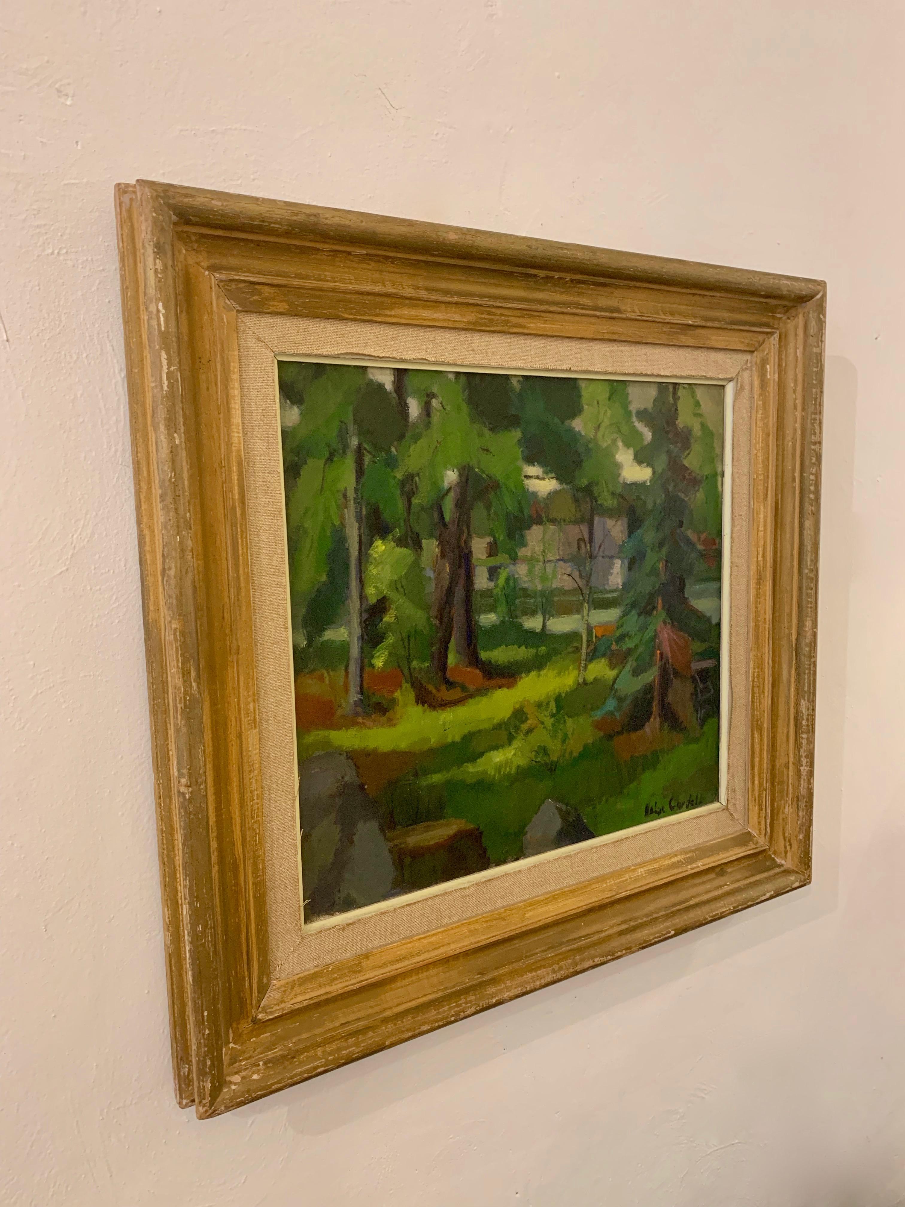 Wonderful intense fresh green abstract forest midcentury gouache painting by Swedish artist Helge Cardell (1902-1972). Born and raised in Malmö, Cardell started painting in the 1920s. Education: Skåne Painter School in Malmö, where he also worked as