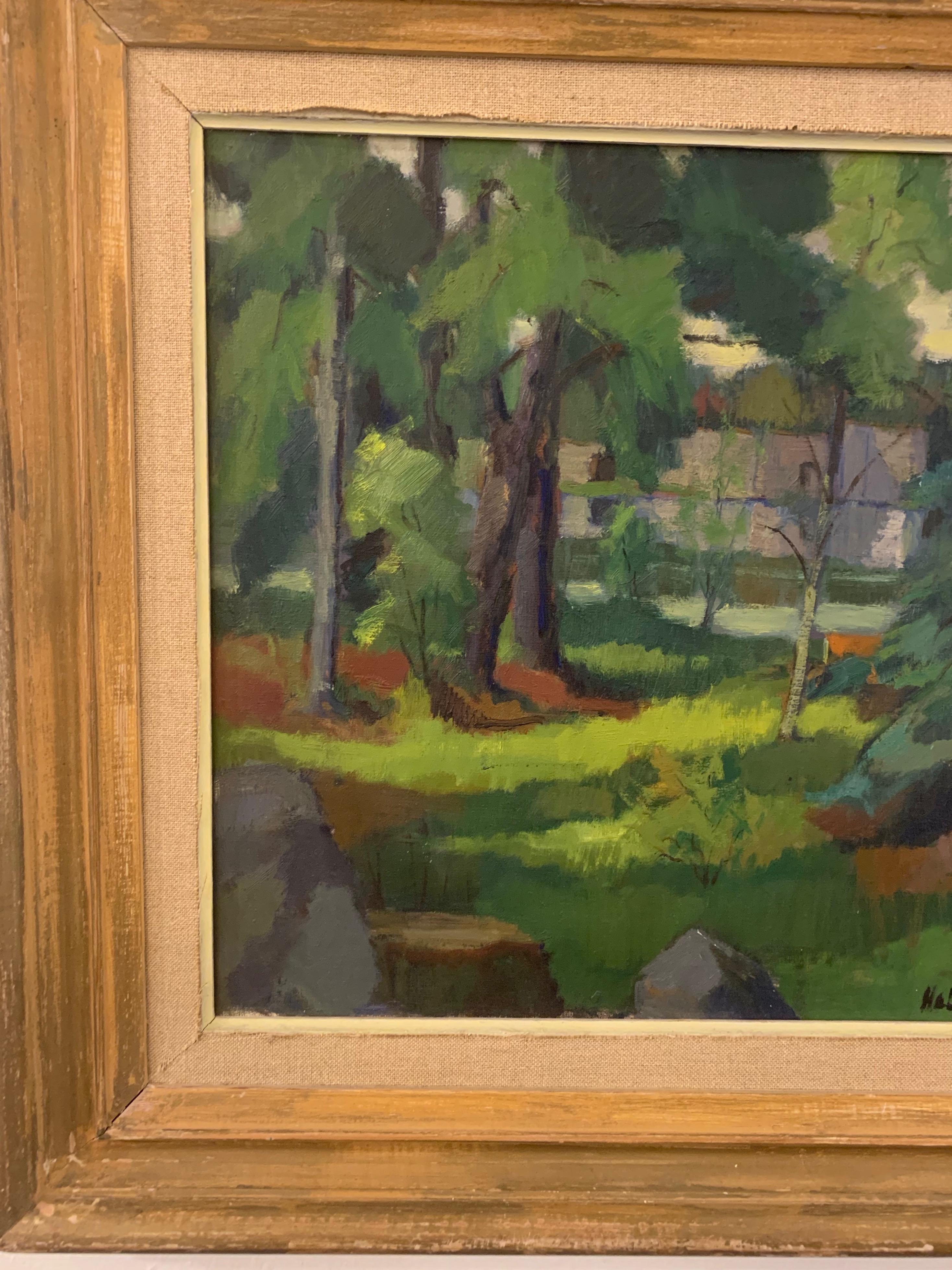 Midcentury Swedish Modern Green Forrest Gouache Painting by Helge Cardell In Good Condition In Utrecht, NL