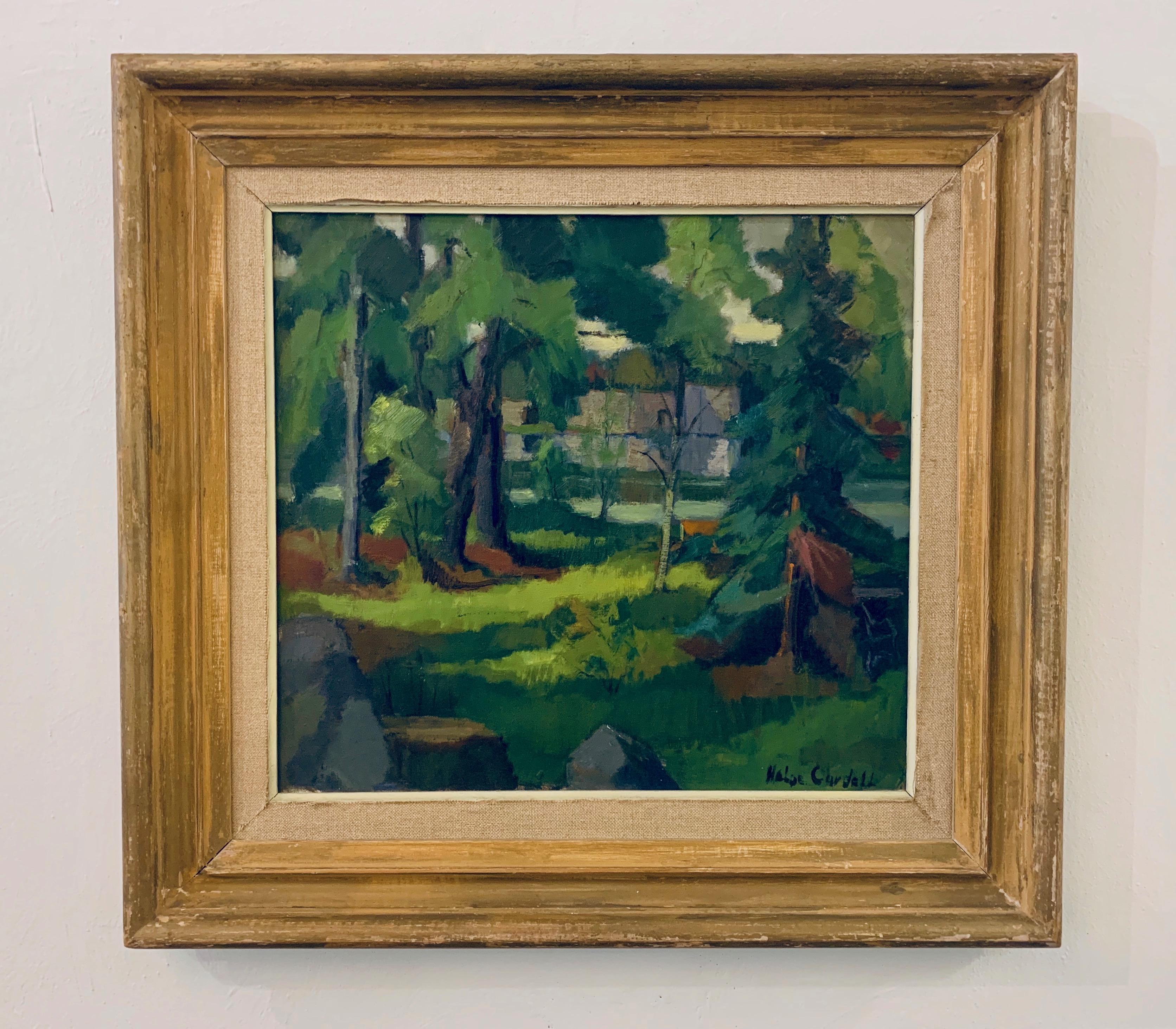 Paper Midcentury Swedish Modern Green Forrest Gouache Painting by Helge Cardell