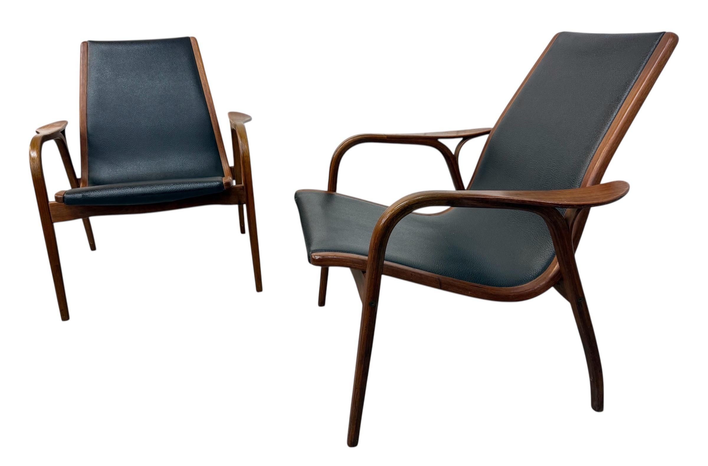 Mid-Century Swedish Modern Lamino Walnut Lounge Chairs - Set of 2 For Sale
