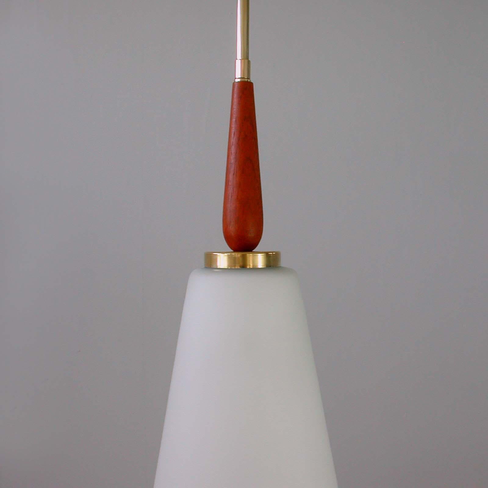 Mid-20th Century Midcentury Swedish Modern Opaline Glass Teak & Brass Pendant Attr. Luxus, 1960s For Sale