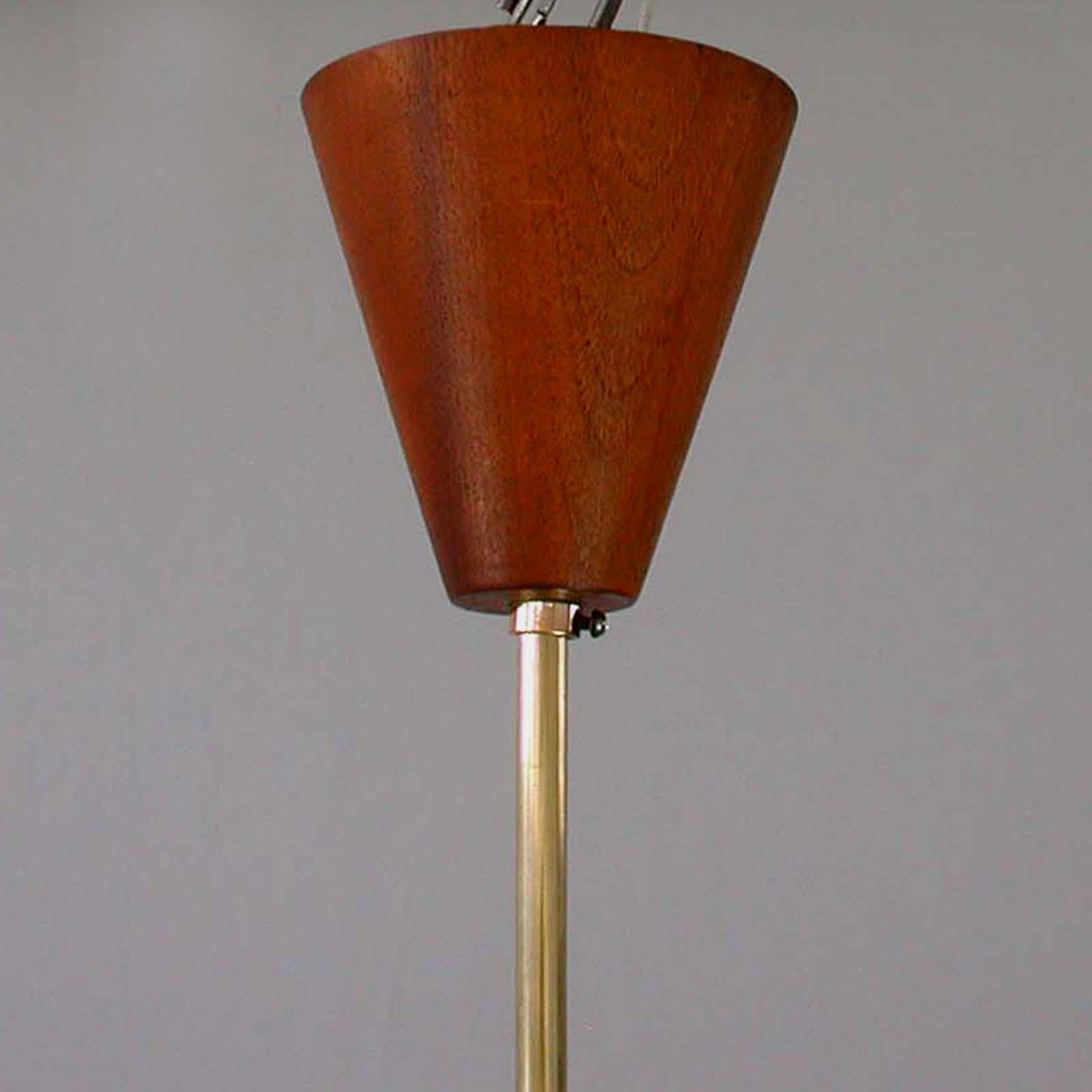 Midcentury Swedish Modern Opaline Glass Teak & Brass Pendant Attr. Luxus, 1960s For Sale 1