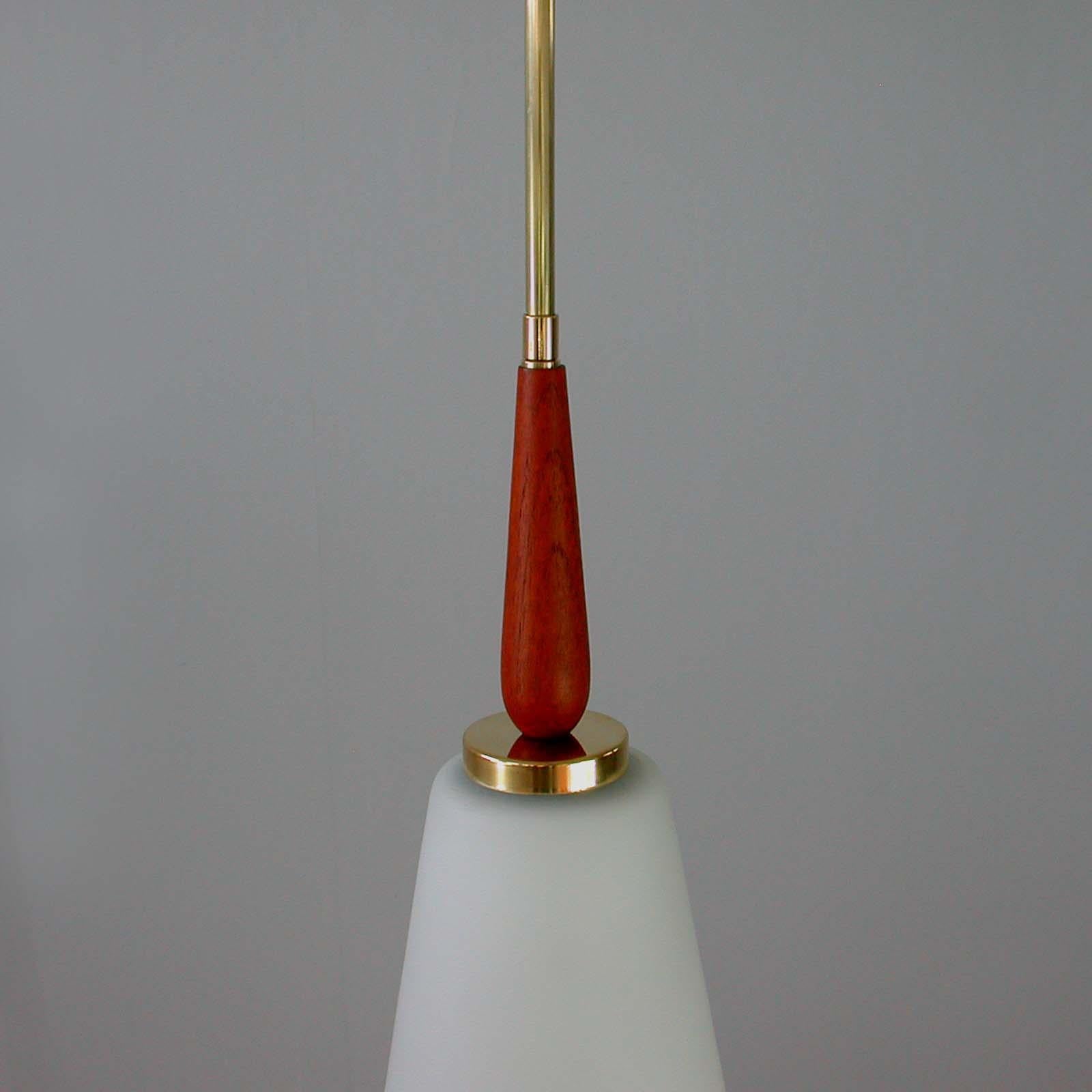 Midcentury Swedish Modern Opaline Glass Teak & Brass Pendant Attr. Luxus, 1960s For Sale 2