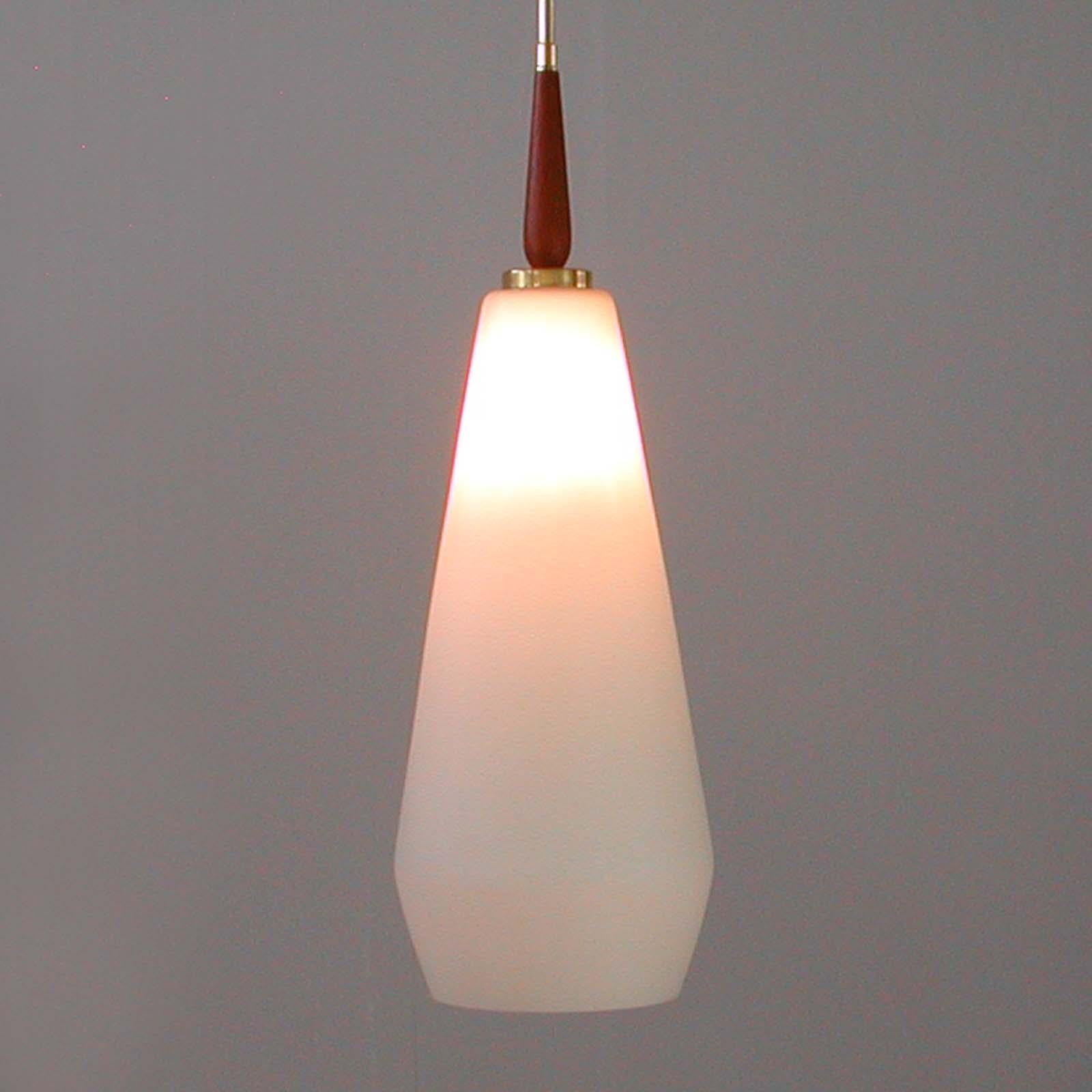 Midcentury Swedish Modern Opaline Glass Teak & Brass Pendant Attr. Luxus, 1960s For Sale 4