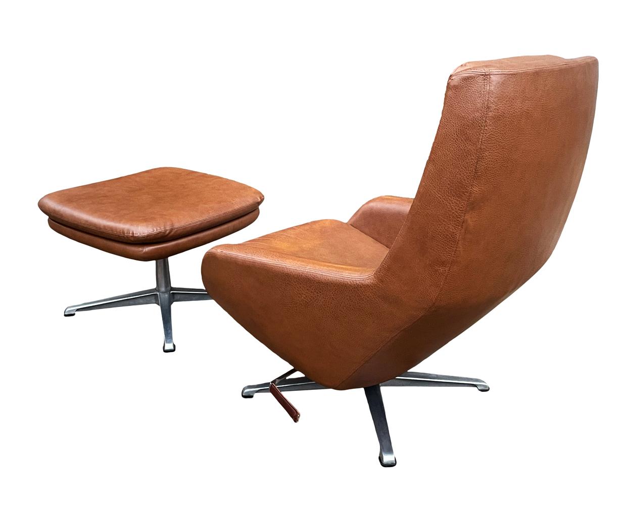 Steel Mid Century Swedish Modern Reclining Lounge in Brown Faux Leather by Overman