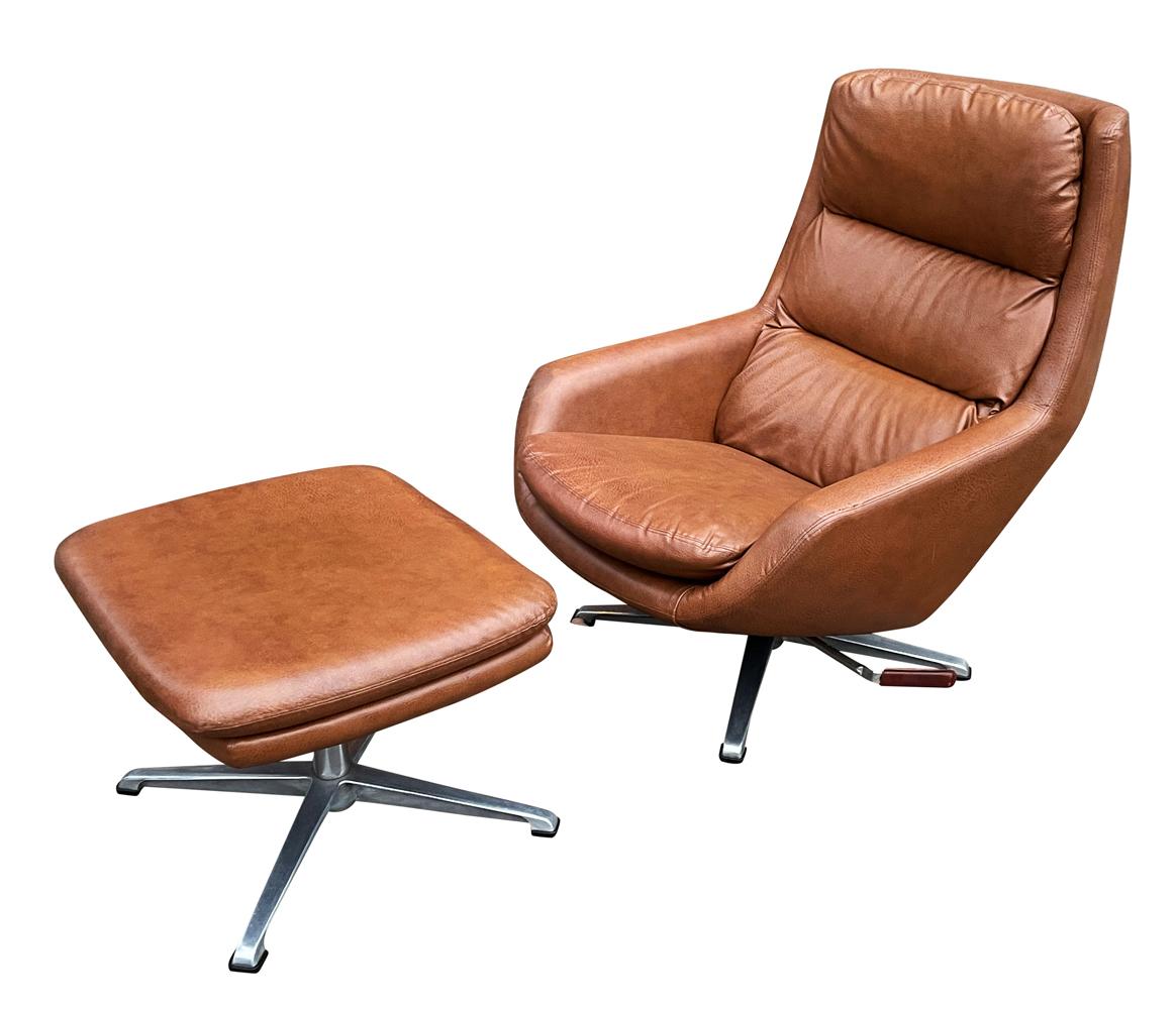 Mid Century Swedish Modern Reclining Lounge in Brown Faux Leather by Overman 1
