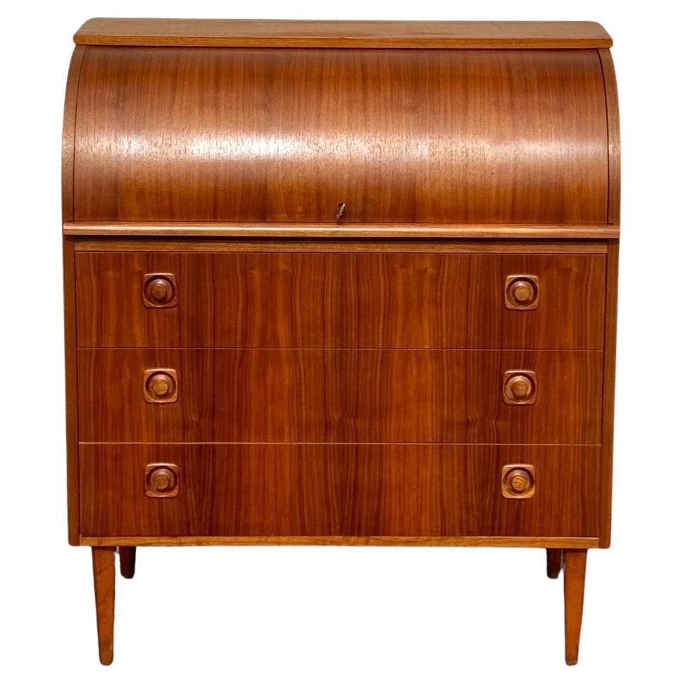Mid-Century Swedish Modern Teak Roll Top Desk With Fitted Compartment