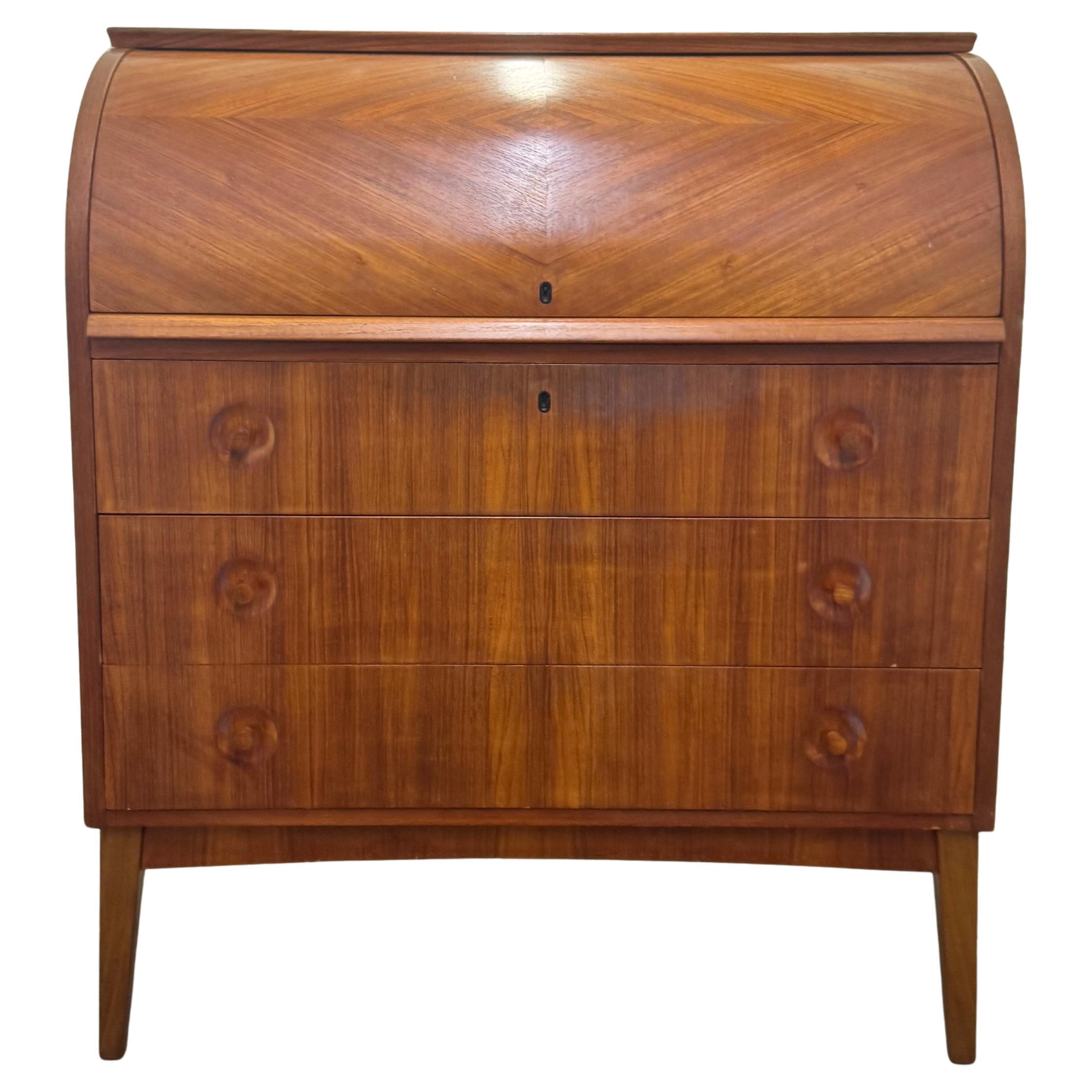 Mid-Century Swedish Modern Teak Roll Top Desk With Fitted Compartment