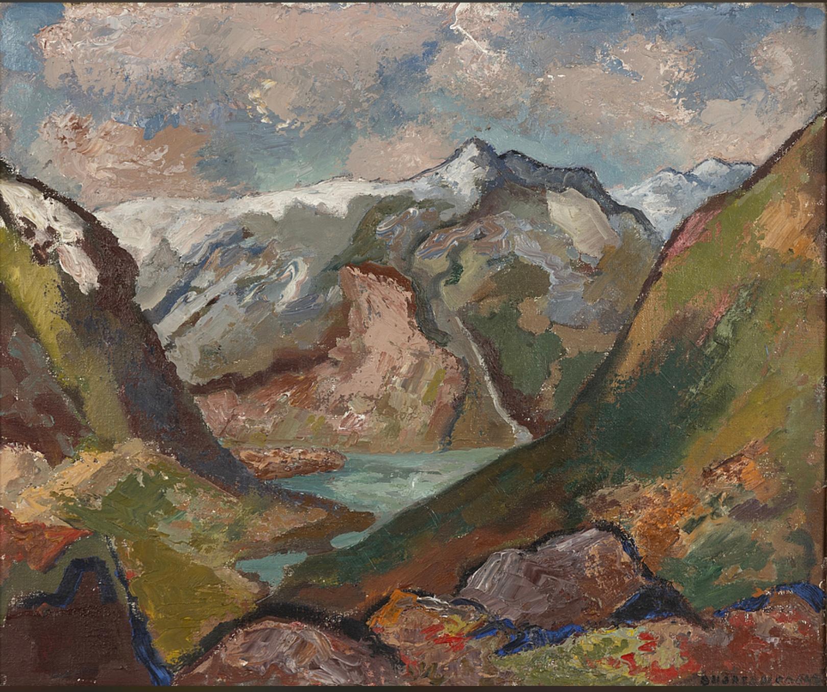 This striking mid 20th century sympathetically framed oil on canvas of Norwegian hills and mountain landscape.
By Swedish artist Brita Nordencreutz who was along with her figurative studies was known for her colourful landscapes, and studied in