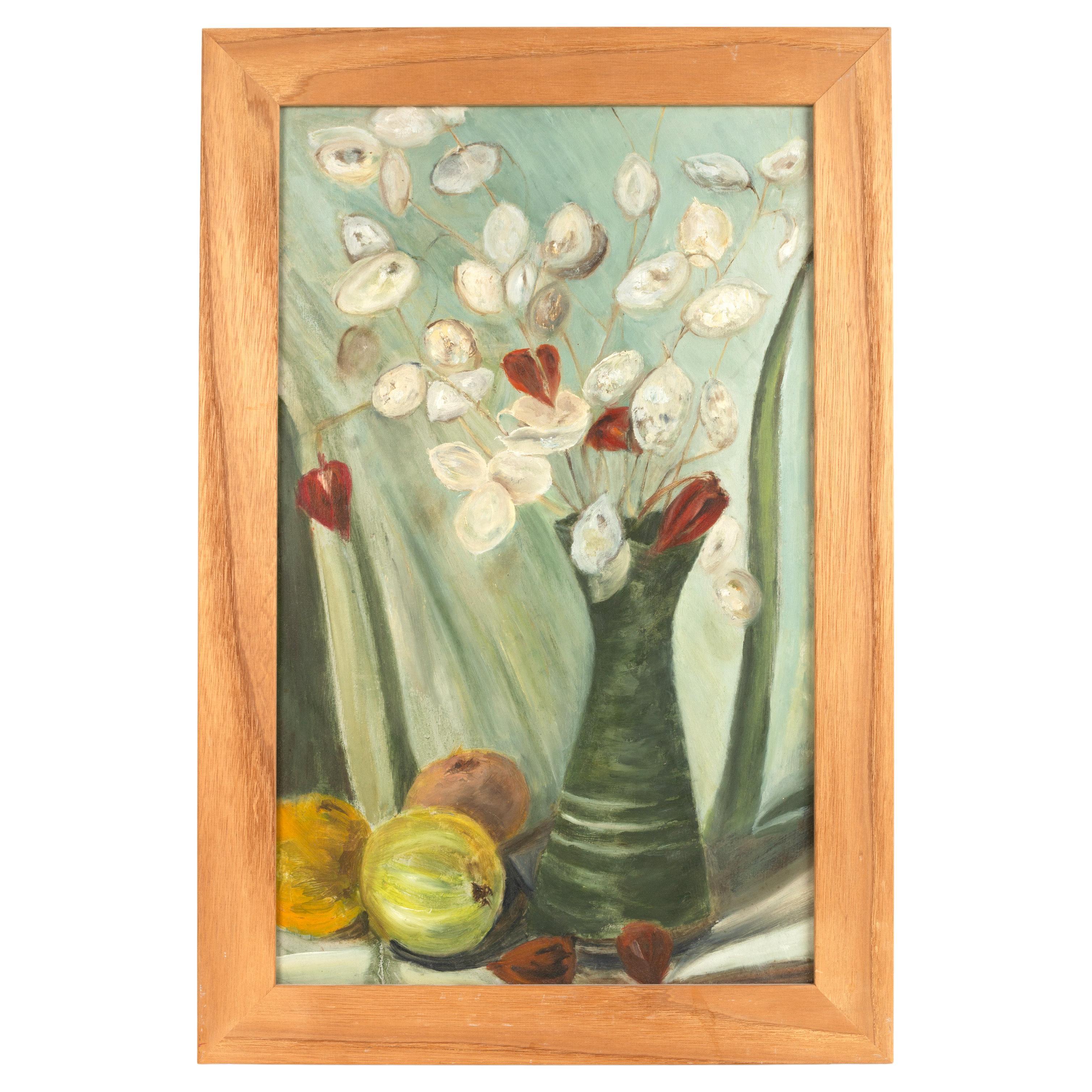 Mid Century Swedish Oil on Board Still Life Dried Flowers For Sale