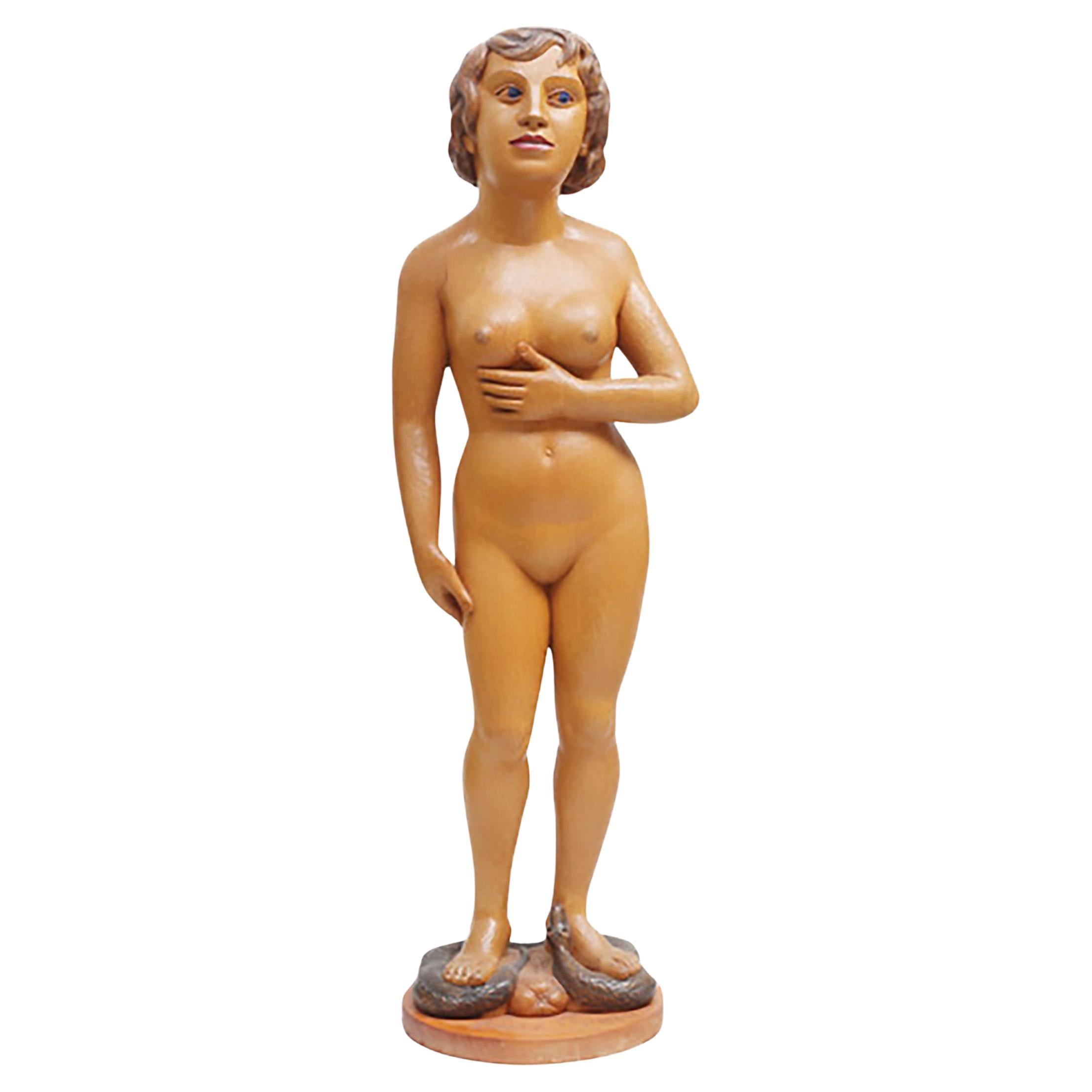 Mid-Century Swedish Outsiders Art "Eve and the Serpent" Sculpture in Wood For Sale