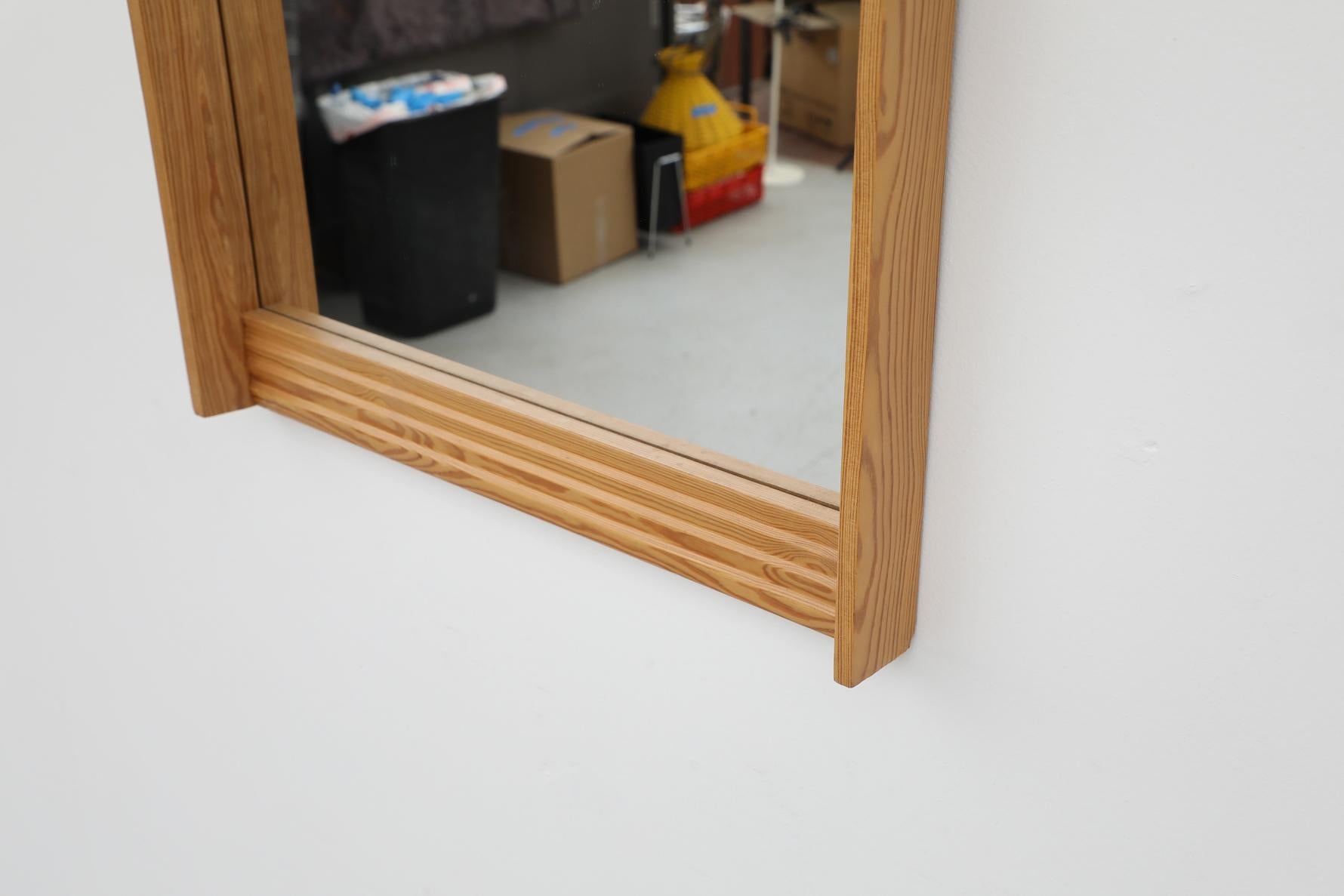 Mid-Century Swedish Solid Pine Wood Wall Mirror w/ Layered Top & Bottom Details For Sale 5