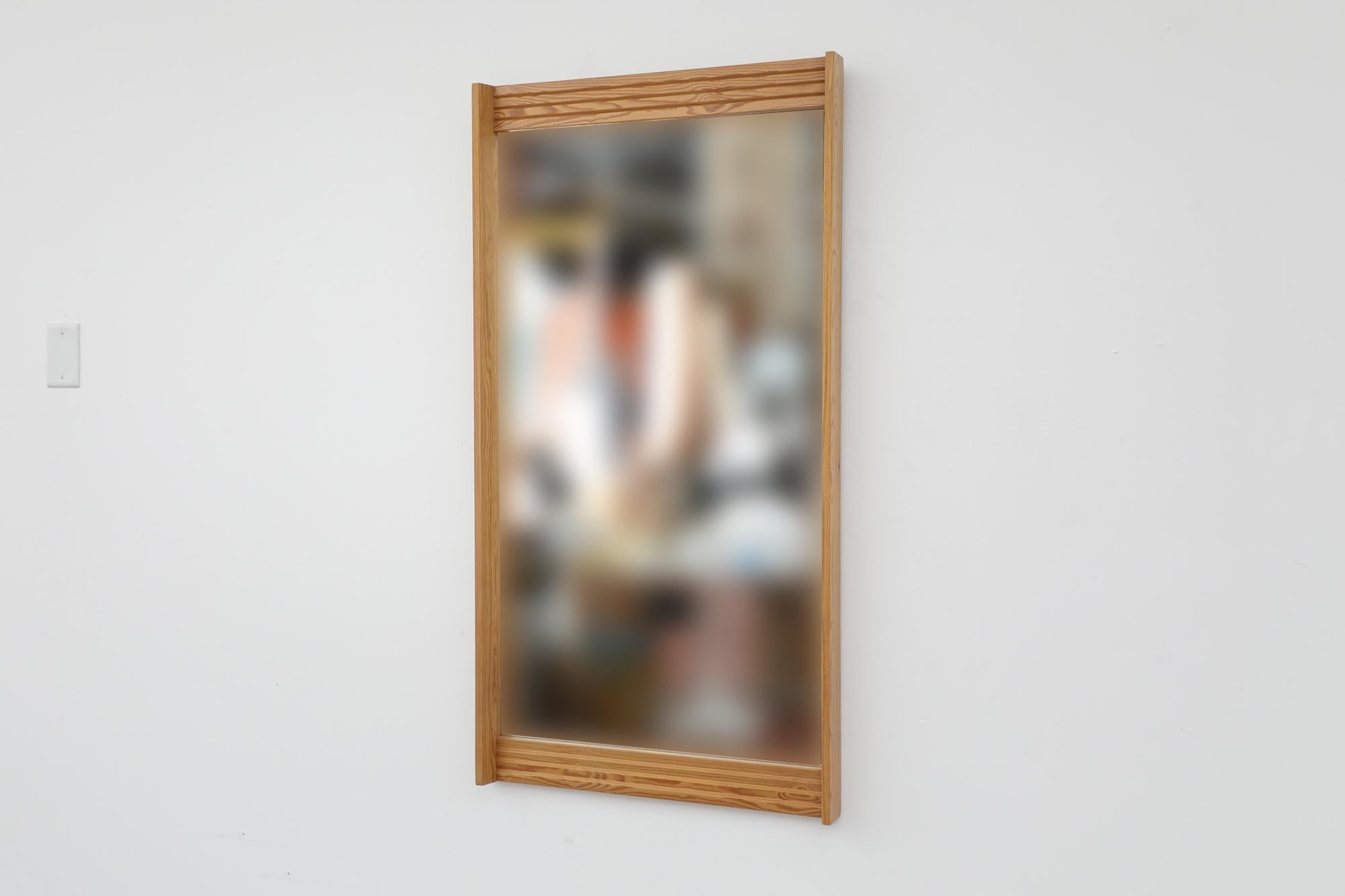 Mid-Century Swedish Solid Pine Wood Wall Mirror w/ Layered Top & Bottom Details For Sale 9