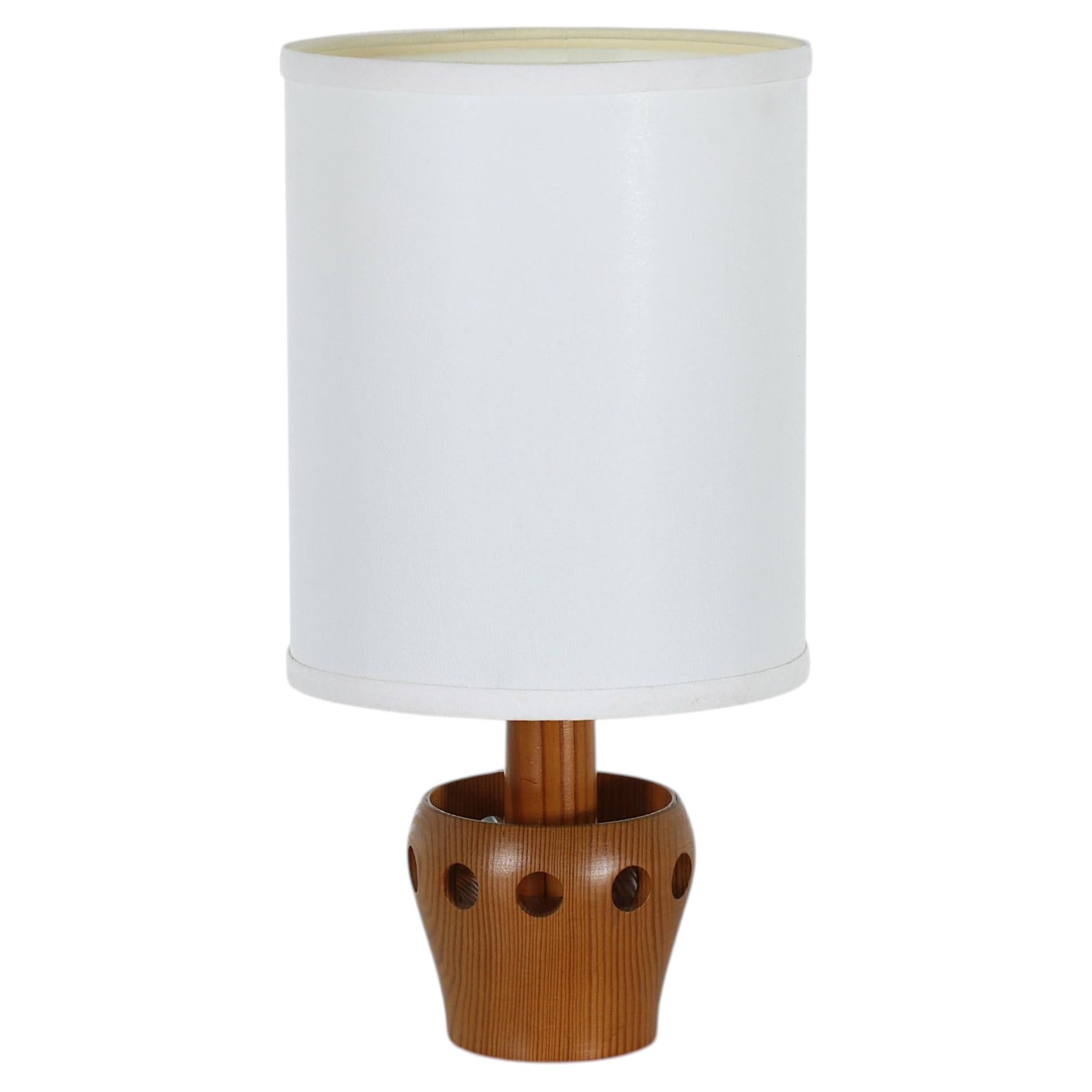 Mid-Century Swedish Pine Table Lamp, Cutout Base, New Linen Cylinder Shade