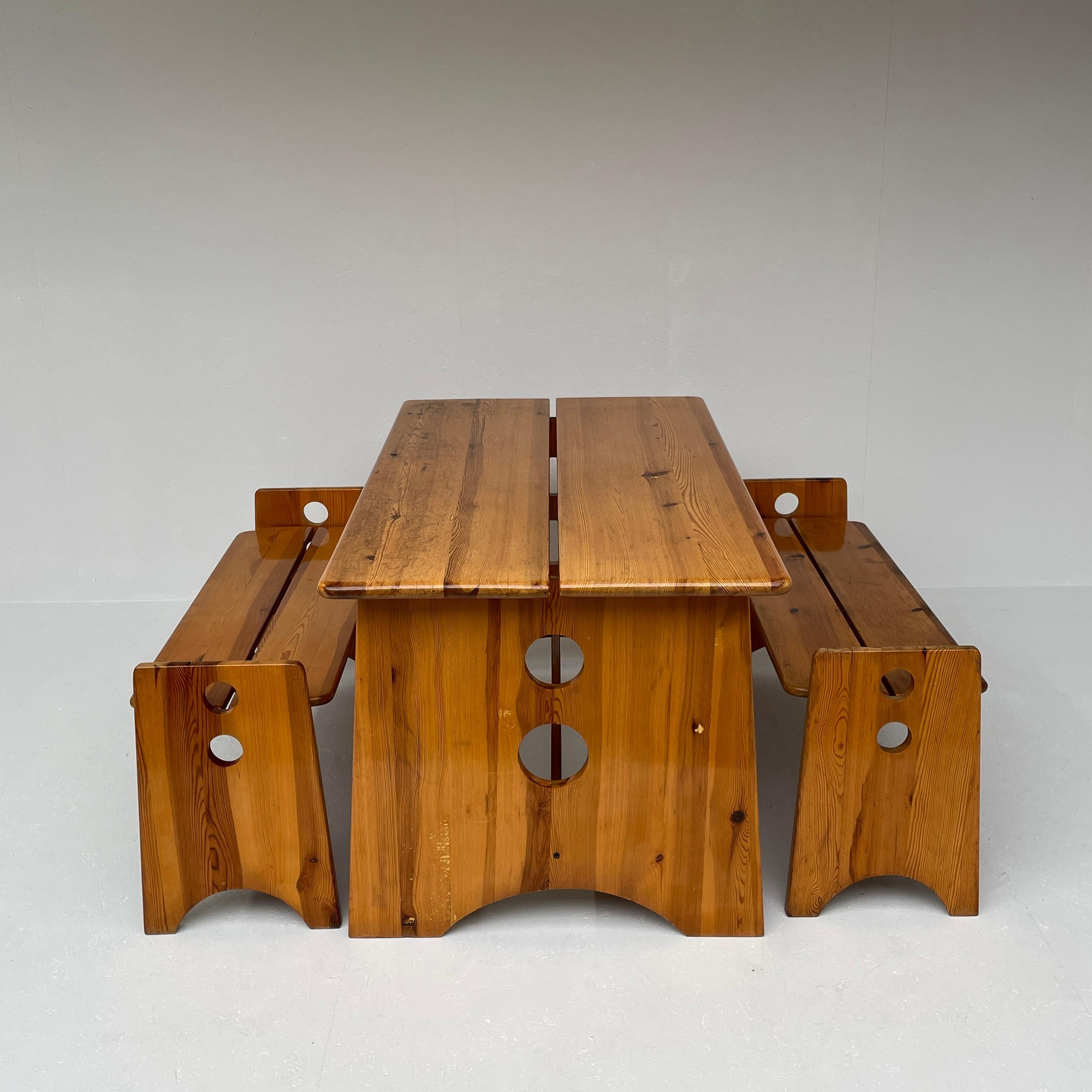 Brutalist Mid-Century Swedish Pine Wood Benches & Dining Set from Gilbert Marklund