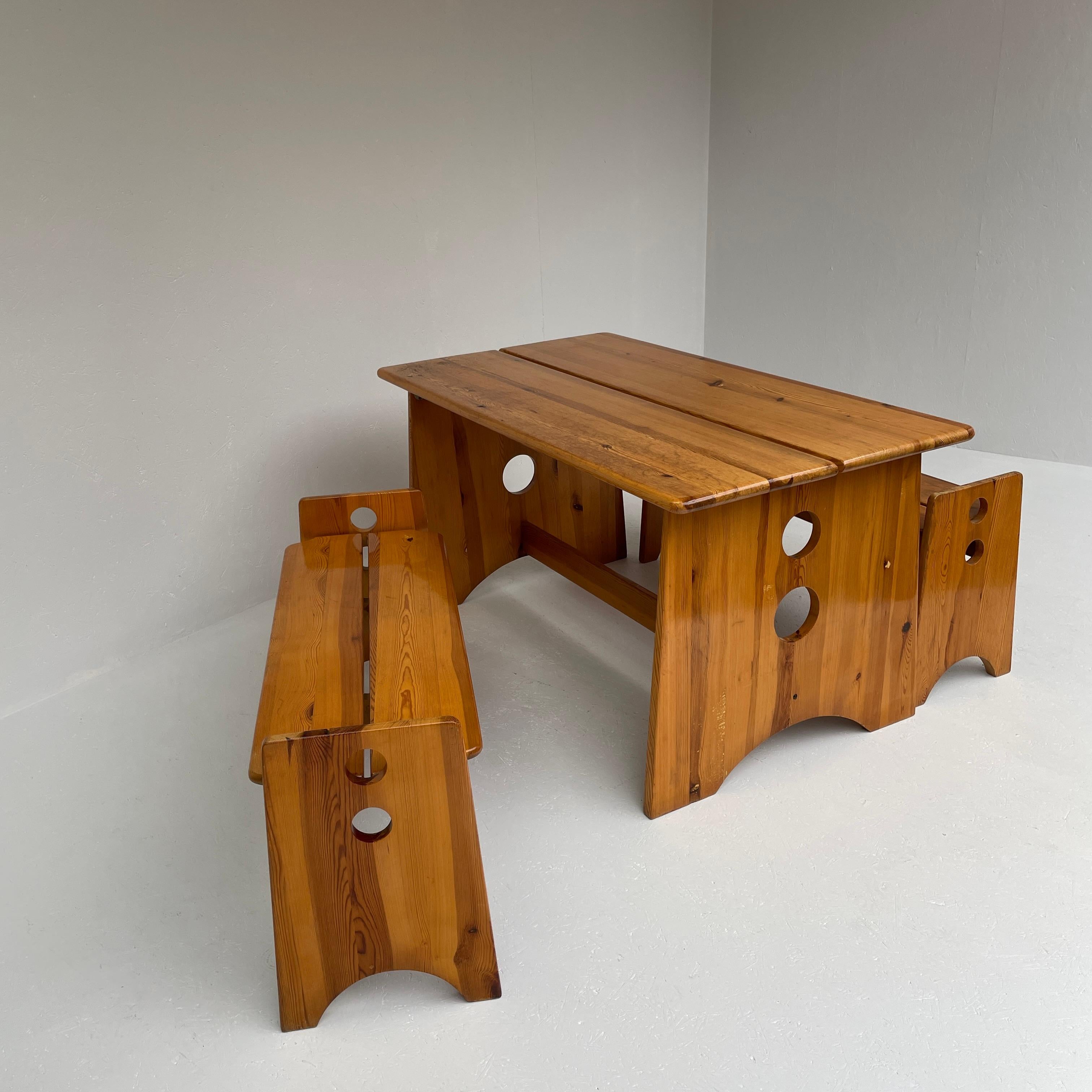 Mid-20th Century Mid-Century Swedish Pine Wood Benches & Dining Set from Gilbert Marklund