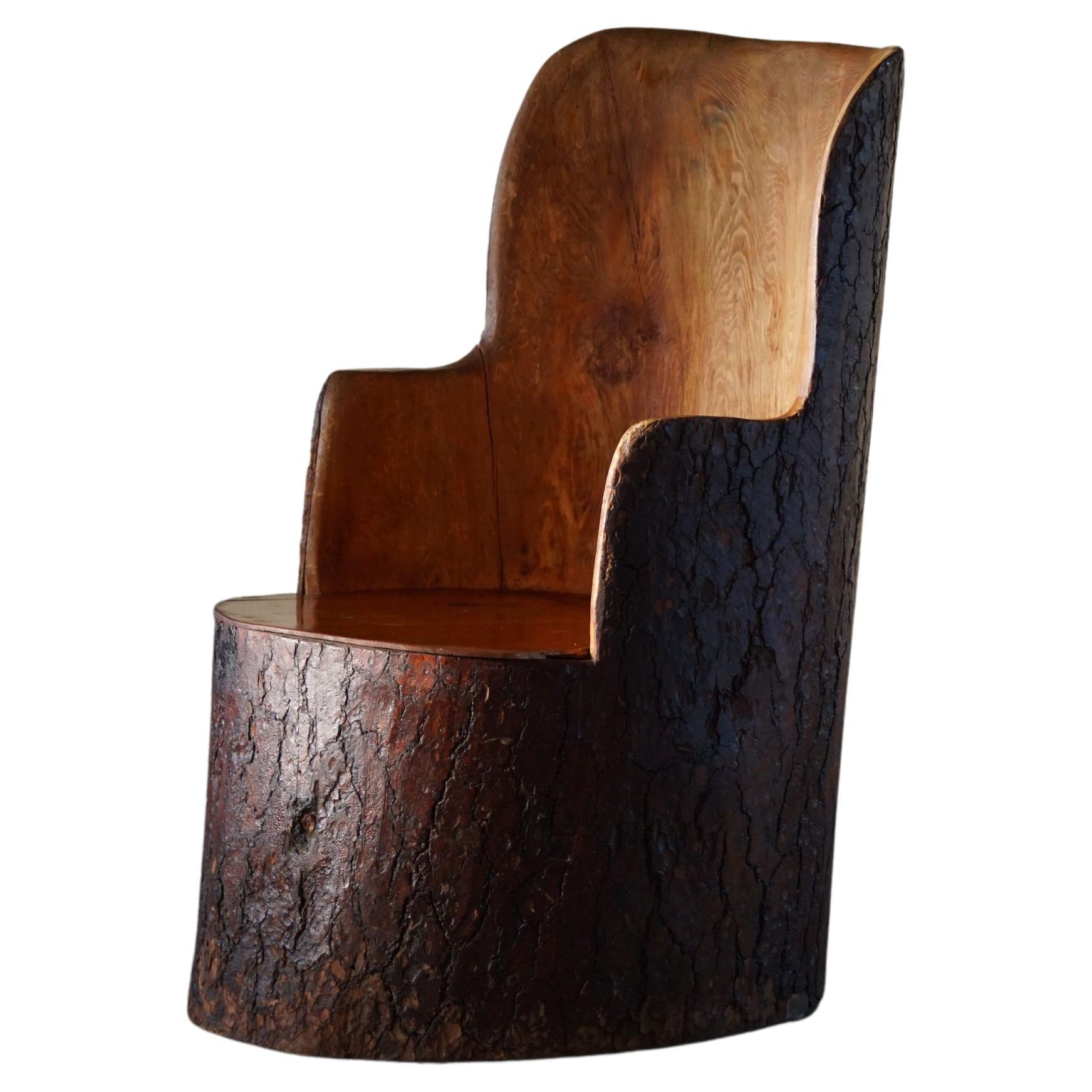 Mid-Century Swedish Sculptural Hand Carved Brutalist Stump Chair in Solid Pine
