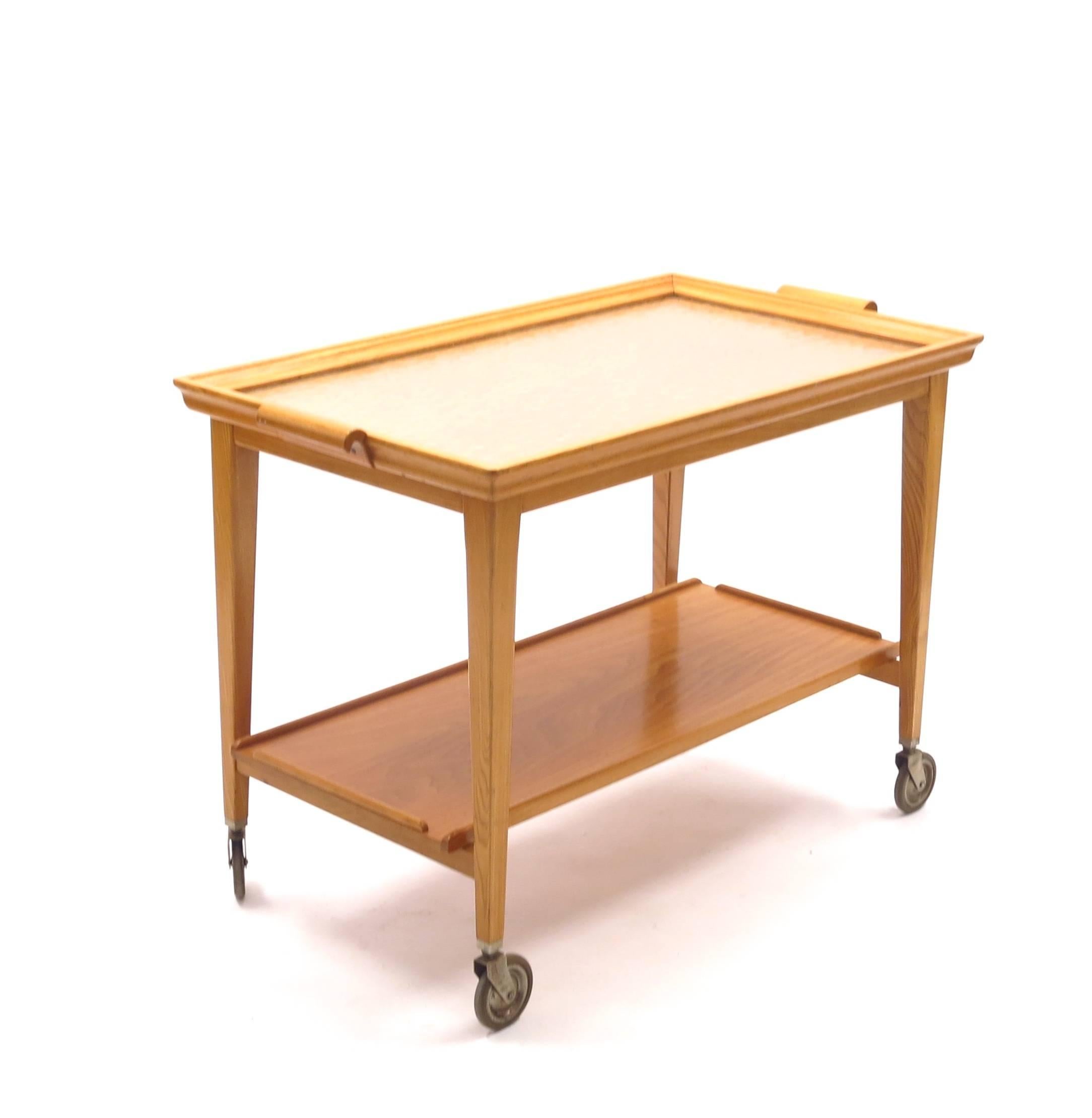 European Midcentury Swedish Serving Trolley with Glass Tray from Bodafors, 1950s