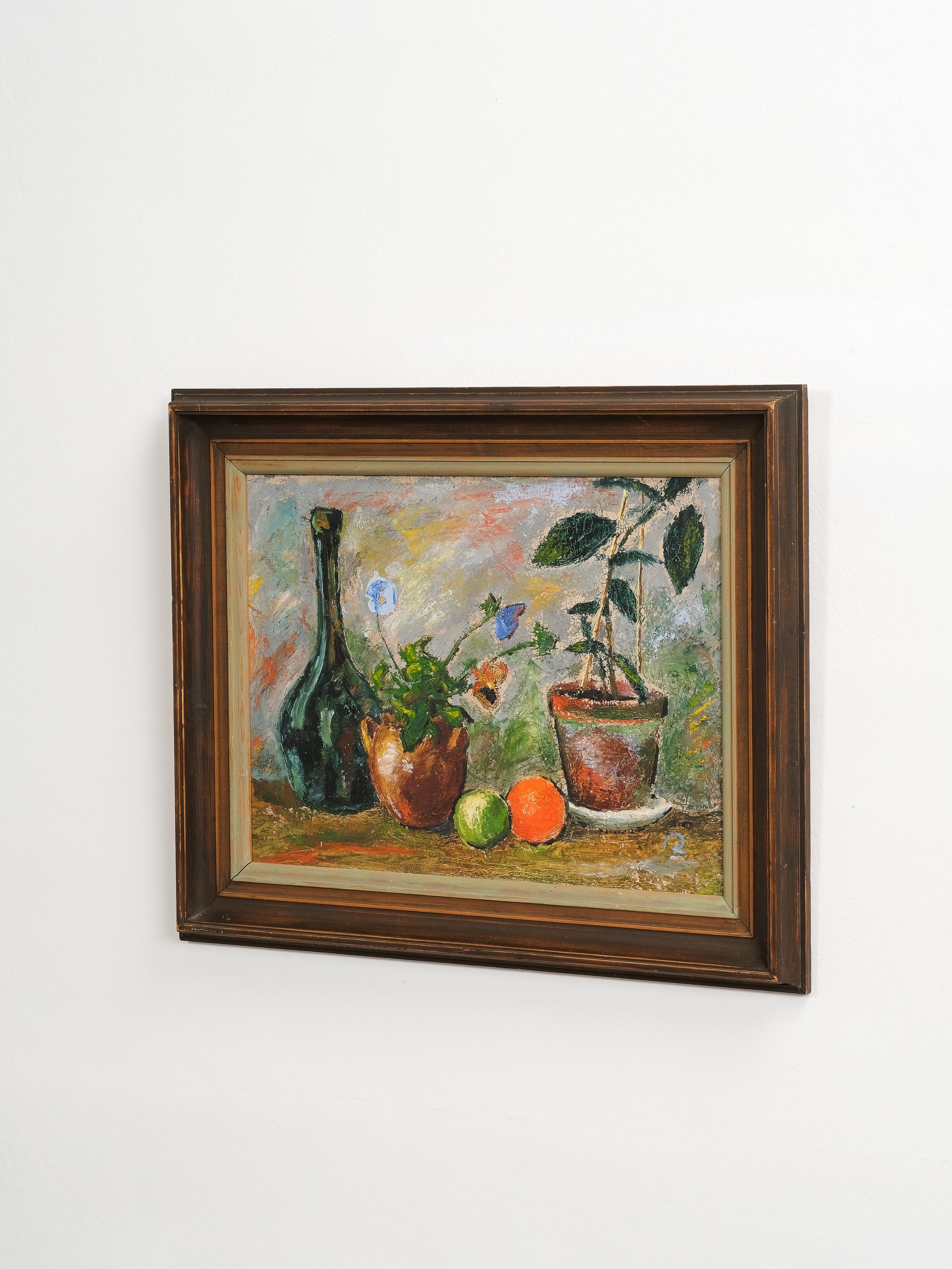 Signed still life oil painting by unknown Swedish artist. Dated 1946.