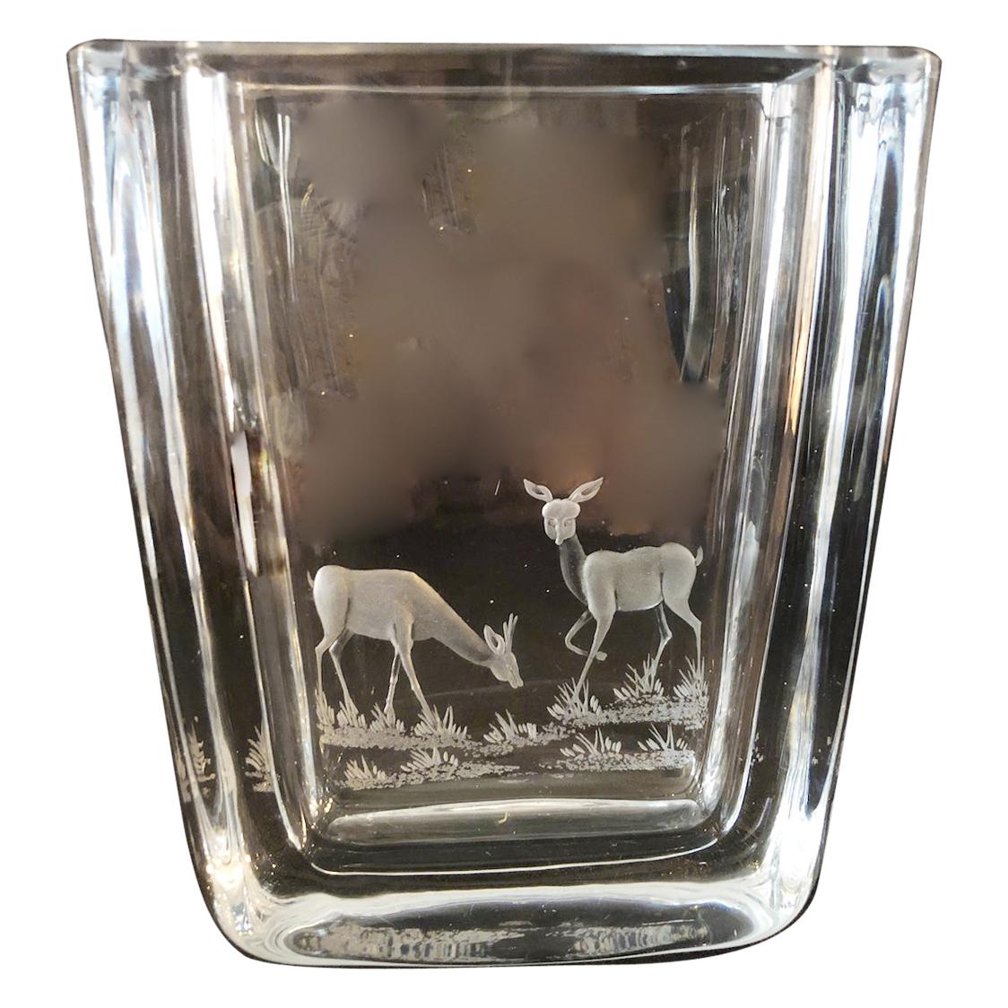 Midcentury Swedish Strombergshyttan Art Glass Vase, Etched with Deers, 1950