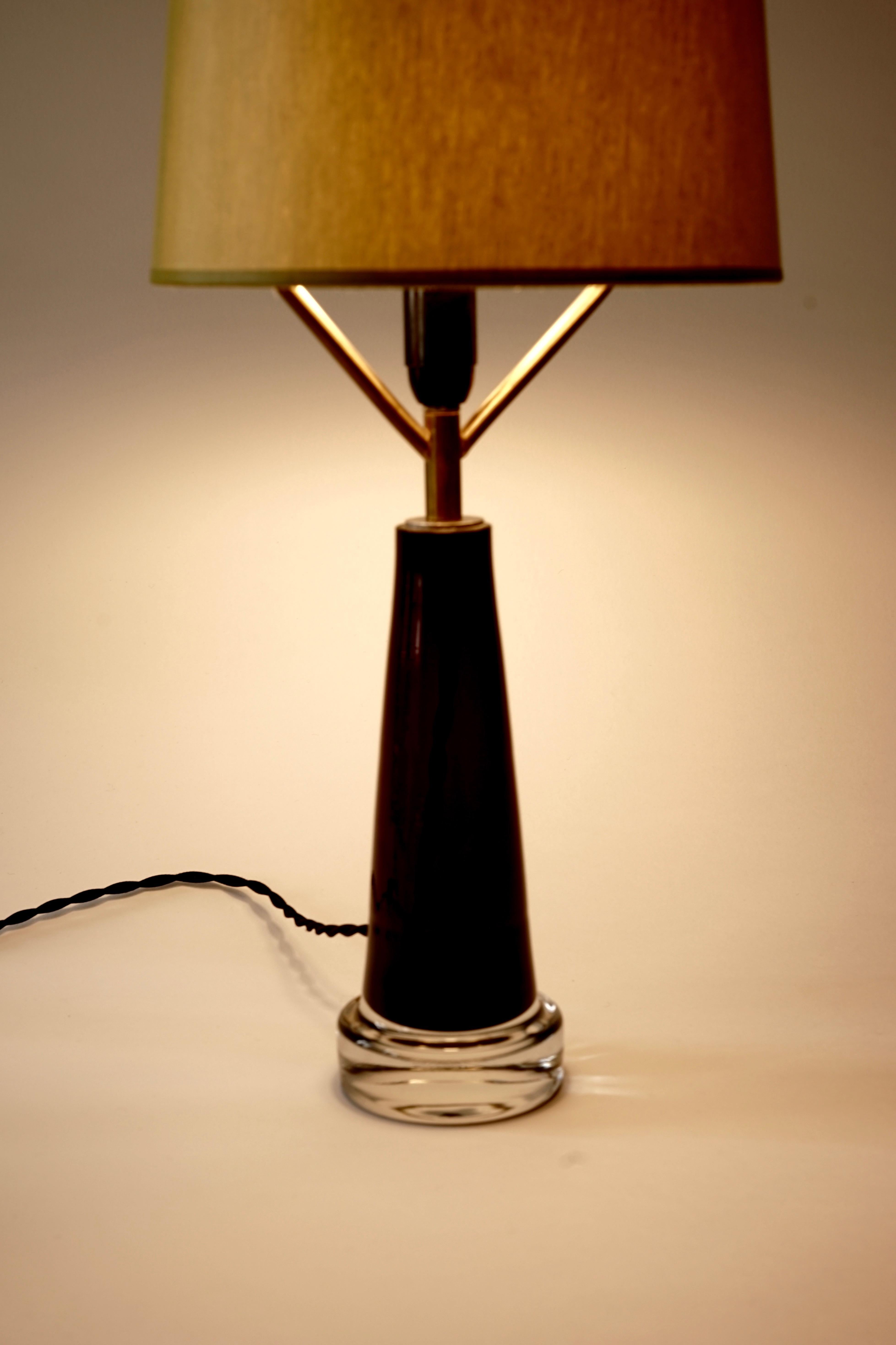 Blown Glass Mid Century Swedish Table Lamp with Glass Base and Green Shade