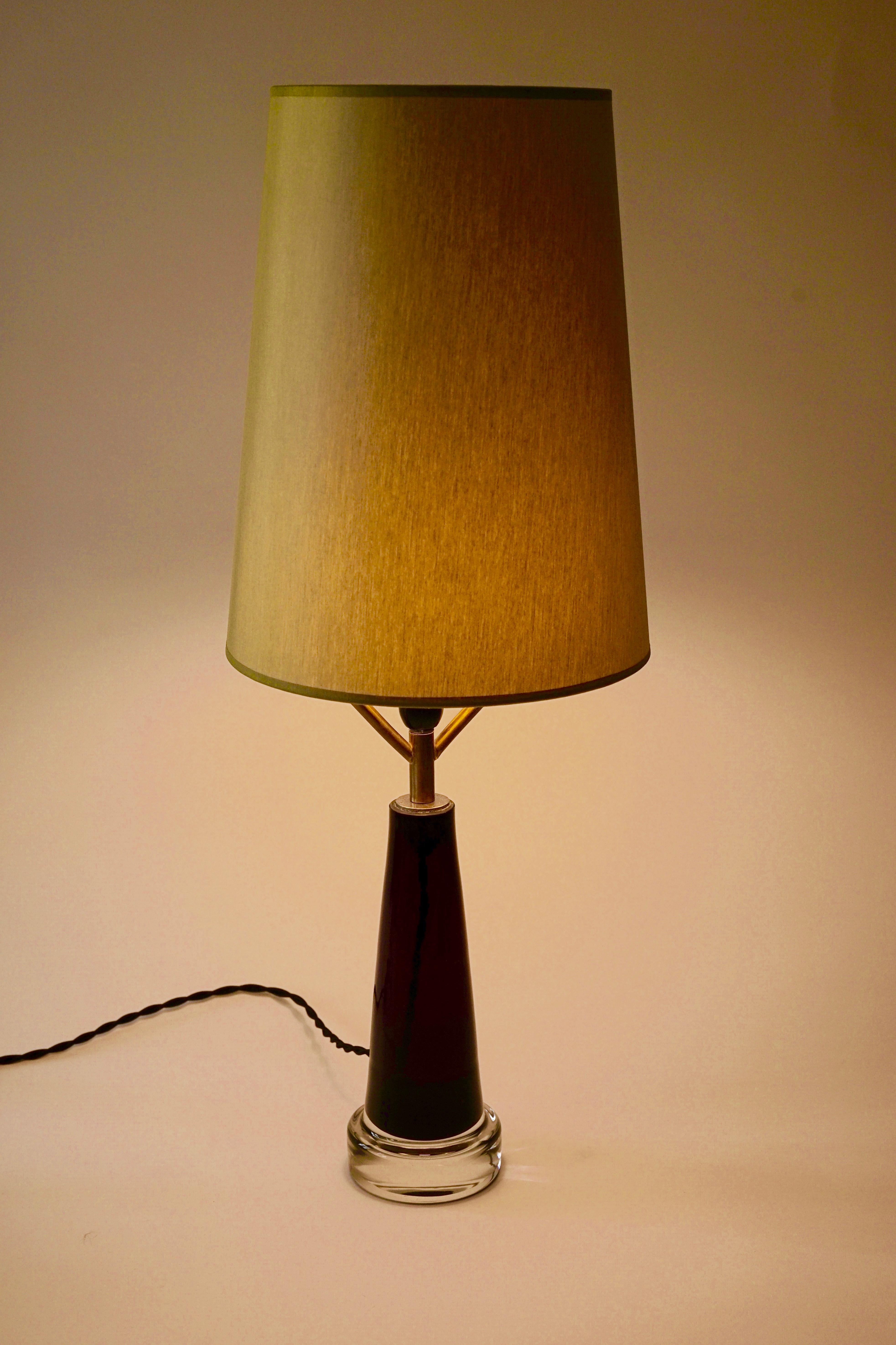 Mid Century Swedish Table Lamp with Glass Base and Green Shade 1