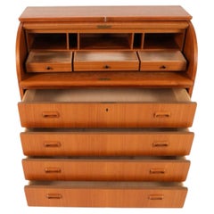 Mid century Swedish teak secretary roll top desk dresser with key