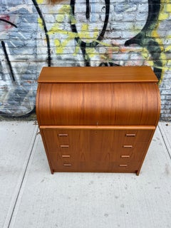 Mid century Swedish teak secretary roll top desk dresser with key