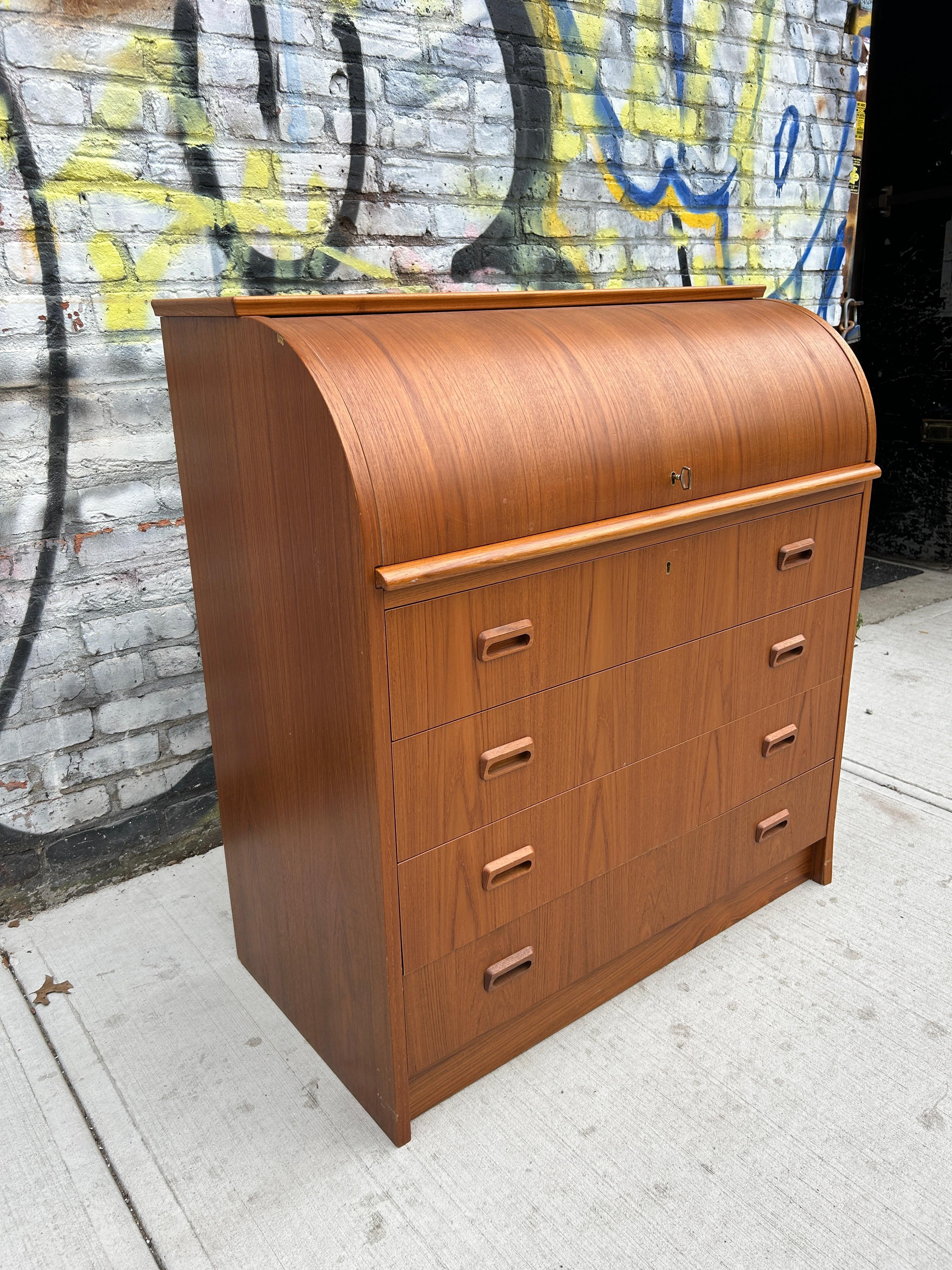 Mid-Century Modern Mid century Swedish teak secretary roll top desk dresser with key